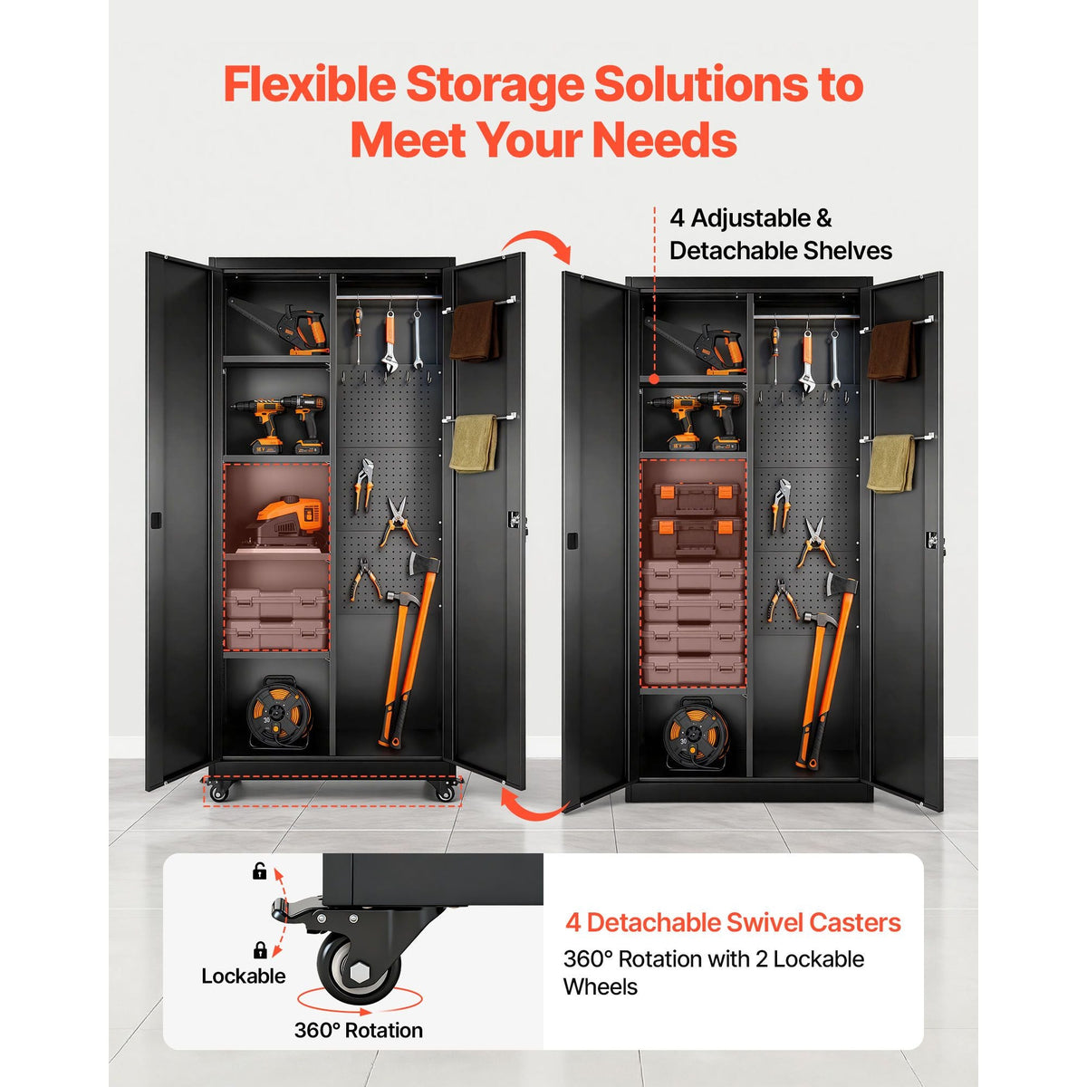 Metal Storage Cabinet, 70.6 in Rolling Steel Garage Cabinet with Adjustable Shelves, 2 Magnetic Doors, Hanging Rod & 3 Rod Hooks, 5 Tiers Lockable Tool Storage for Pantry, Warehouse, Basement