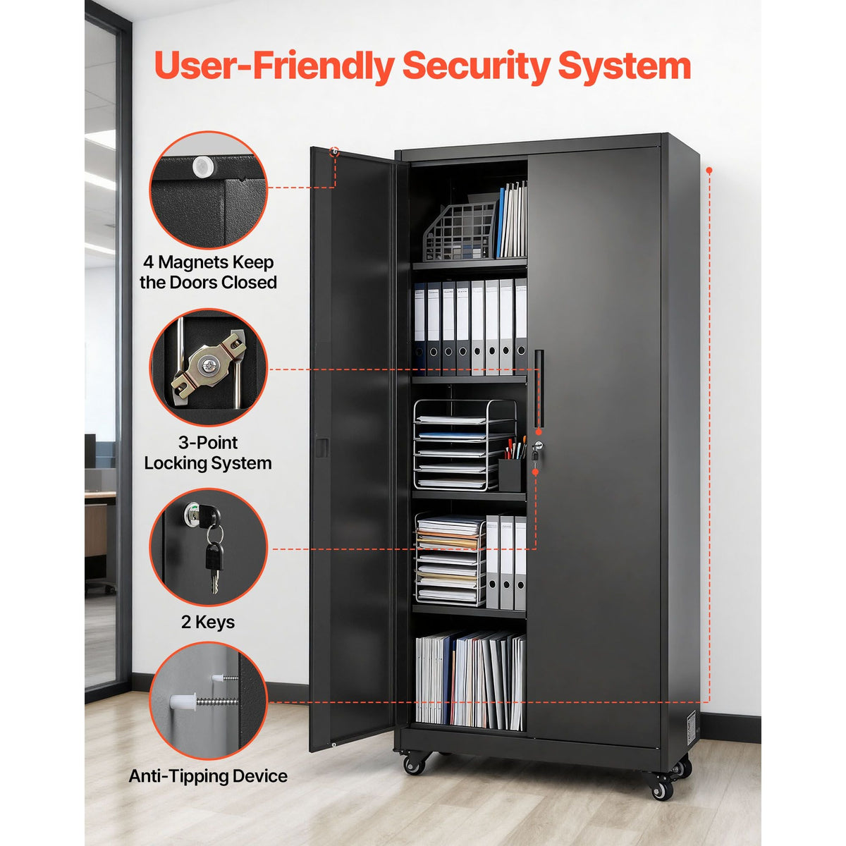 Metal Storage Cabinet, 70.6 in Rolling Steel Garage Cabinet with Adjustable Shelves, 2 Magnetic Doors, Hanging Rod & 3 Rod Hooks, 5 Tiers Lockable Tool Storage for Pantry, Warehouse, Basement
