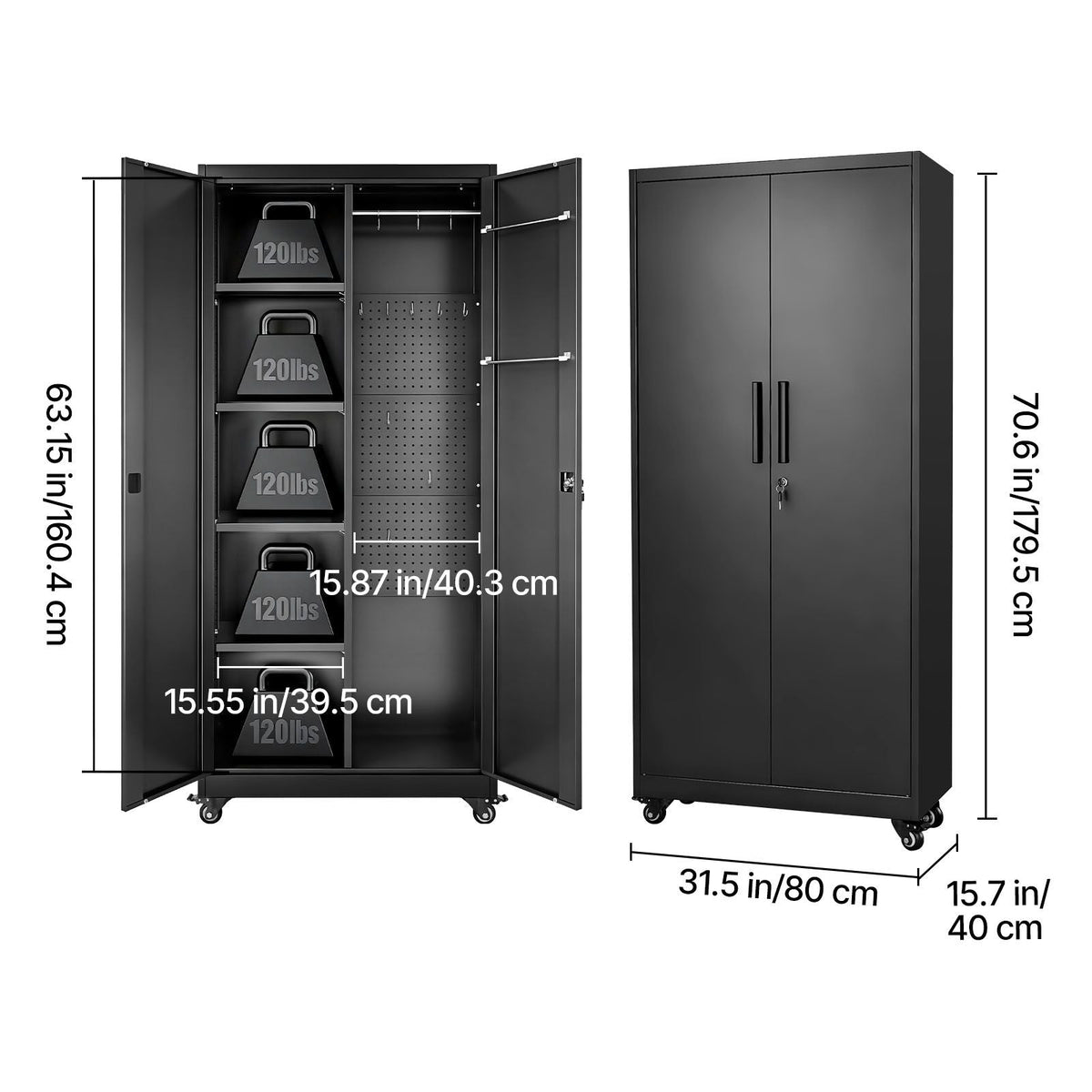 Metal Storage Cabinet, 70.6 in Rolling Steel Garage Cabinet with Adjustable Shelves, 2 Magnetic Doors, Hanging Rod & 3 Rod Hooks, 5 Tiers Lockable Tool Storage for Pantry, Warehouse, Basement