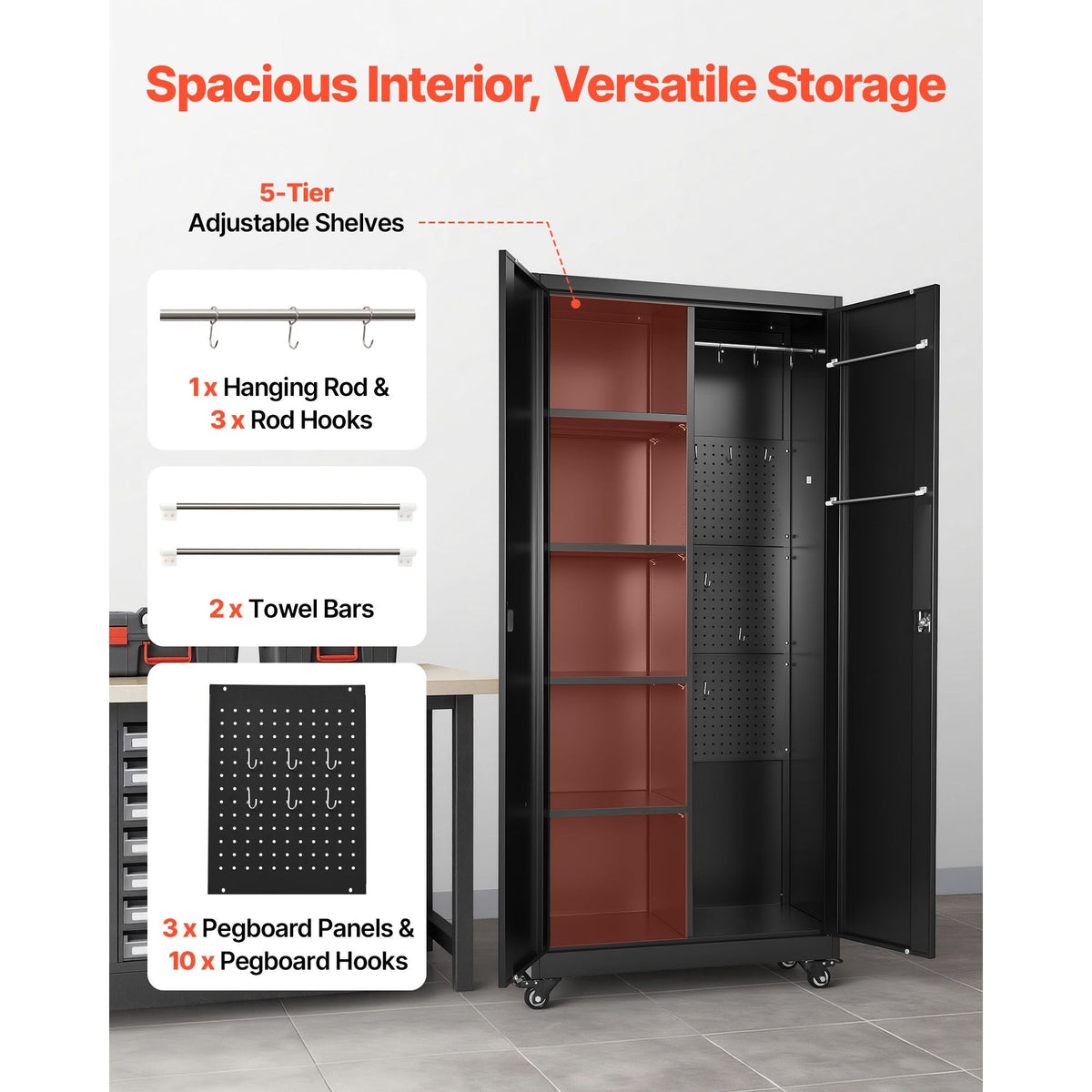 Metal Storage Cabinet, 70.6 in Rolling Steel Garage Cabinet with Adjustable Shelves, 2 Magnetic Doors, Hanging Rod & 3 Rod Hooks, 5 Tiers Lockable Tool Storage for Pantry, Warehouse, Basement
