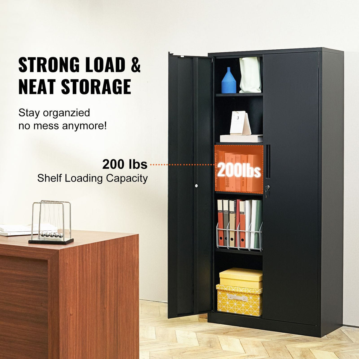 Metal Storage Cabinet, Steel Locking Storage Cabinet with 2 Magnetic Doors and 4 Adjustable Shelves, 71'' Metal Cabinet 200 lbs Capacity per Shelf with 3 Keys, for Office, Home, Garage, Black