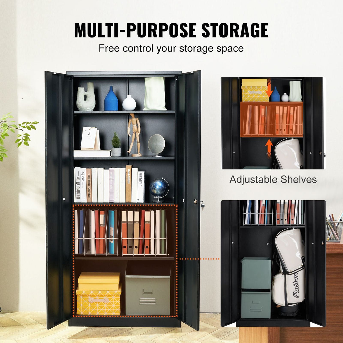Metal Storage Cabinet, Steel Locking Storage Cabinet with 2 Magnetic Doors and 4 Adjustable Shelves, 71'' Metal Cabinet 200 lbs Capacity per Shelf with 3 Keys, for Office, Home, Garage, Black