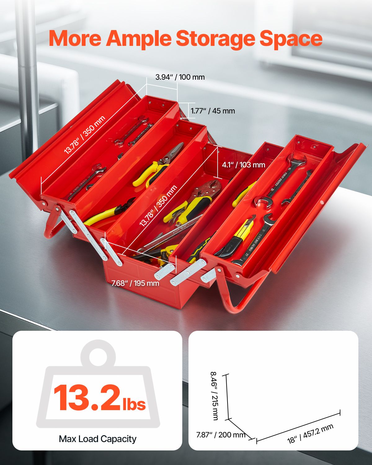 Metal Tool Box, 18-inch, 3-Tier 5-Tray Portable Folding Tool Chest Organizer with Handle & Lock Hole, Powder Coated Steel, Cantilever Toolbox for Household Factory Warehouse Repair Shop, Red