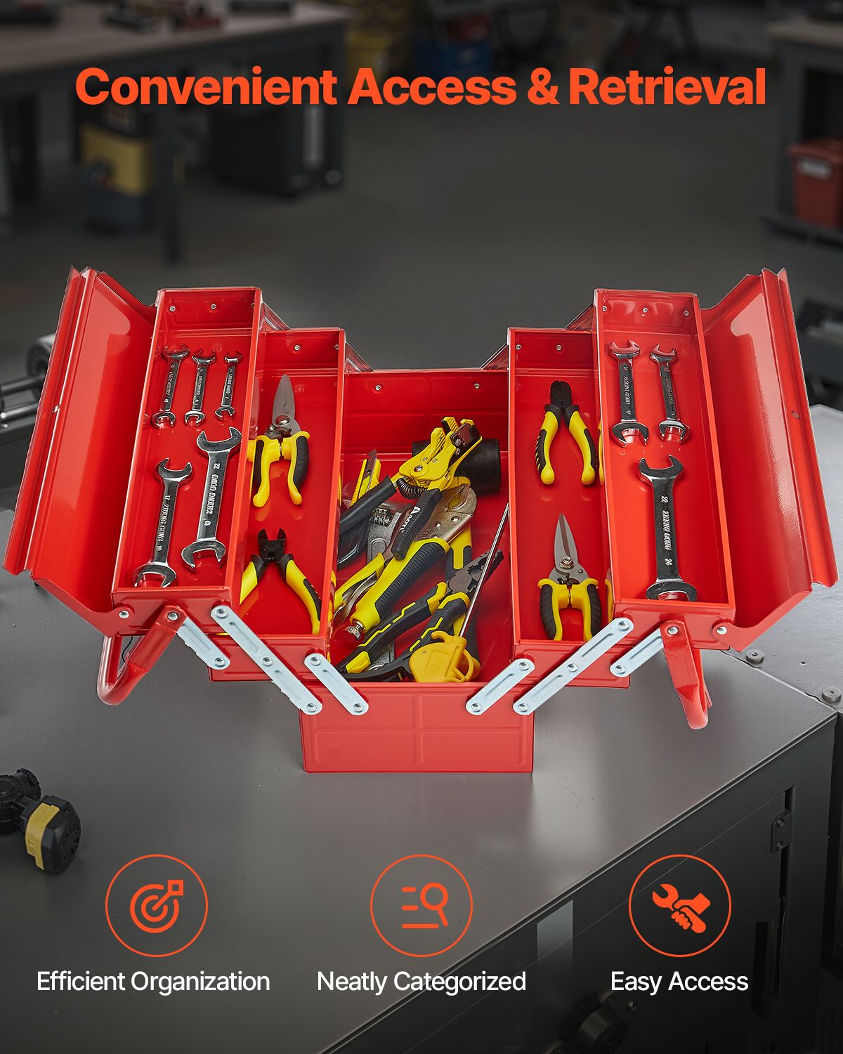 Metal Tool Box, 18-inch, 3-Tier 5-Tray Portable Folding Tool Chest Organizer with Handle & Lock Hole, Powder Coated Steel, Cantilever Toolbox for Household Factory Warehouse Repair Shop, Red