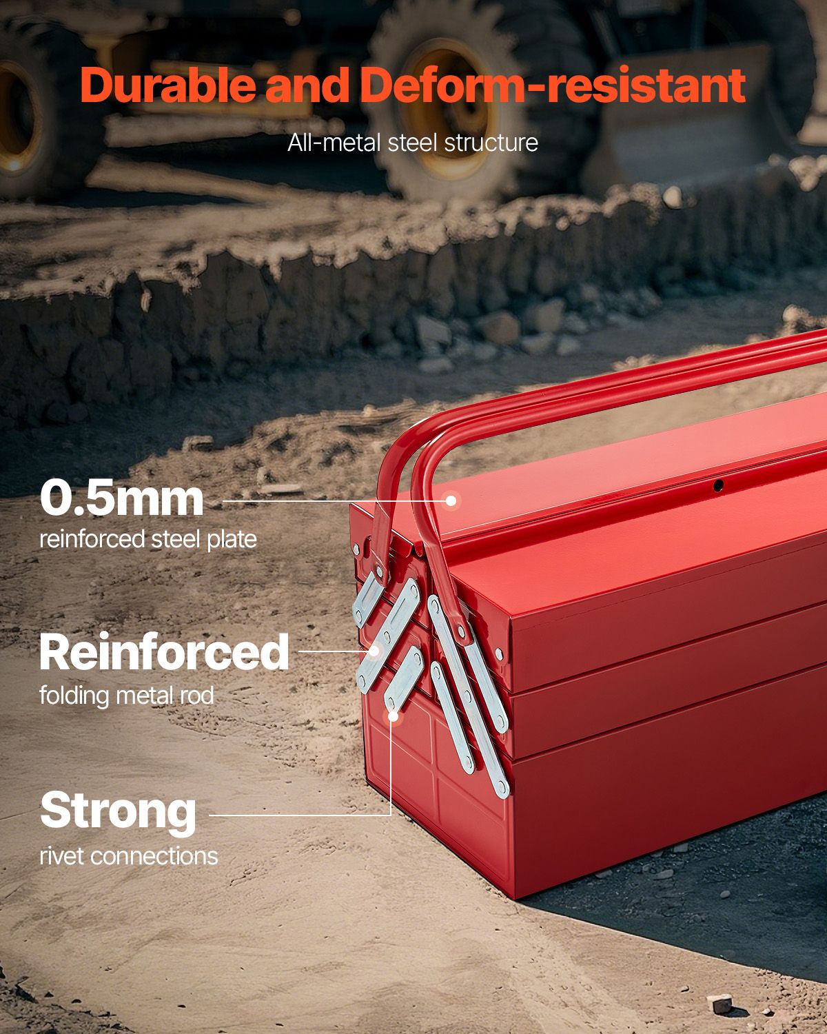 Metal Tool Box, 18-inch, 3-Tier 5-Tray Portable Folding Tool Chest Organizer with Handle & Lock Hole, Powder Coated Steel, Cantilever Toolbox for Household Factory Warehouse Repair Shop, Red