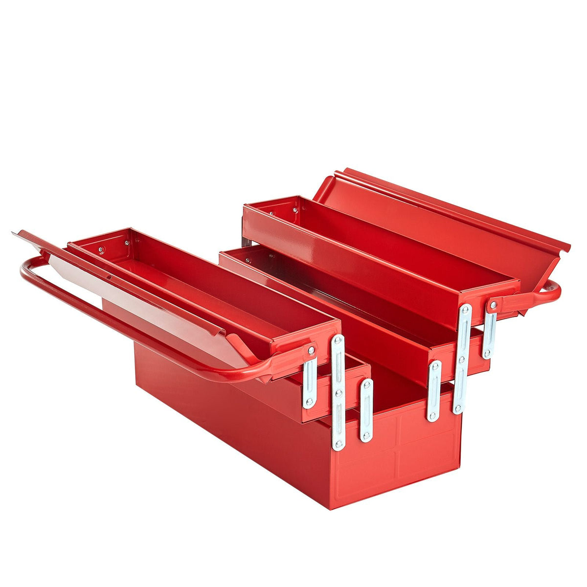 Metal Tool Box, 18-inch, 3-Tier 5-Tray Portable Folding Tool Chest Organizer with Handle & Lock Hole, Powder Coated Steel, Cantilever Toolbox for Household Factory Warehouse Repair Shop, Red