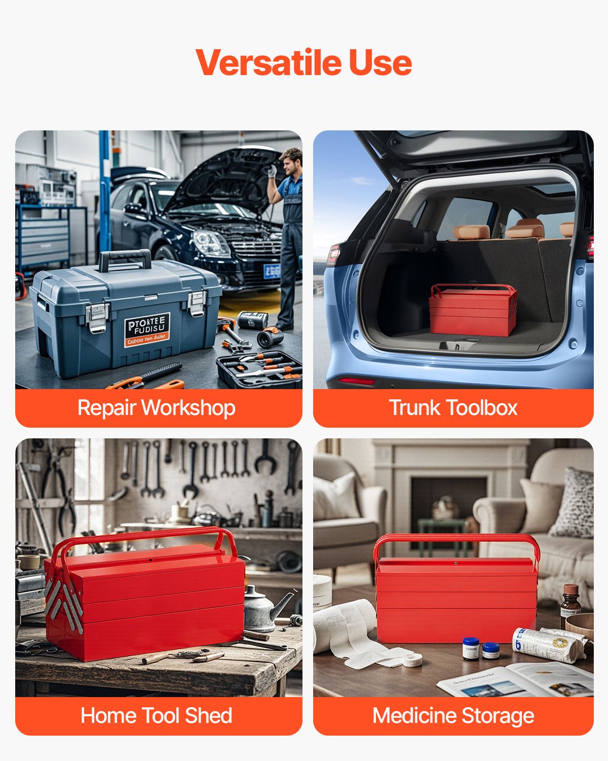 Metal Tool Box, 18-inch, 3-Tier 5-Tray Portable Folding Tool Chest Organizer with Handle & Lock Hole, Powder Coated Steel, Cantilever Toolbox for Household Factory Warehouse Repair Shop, Red