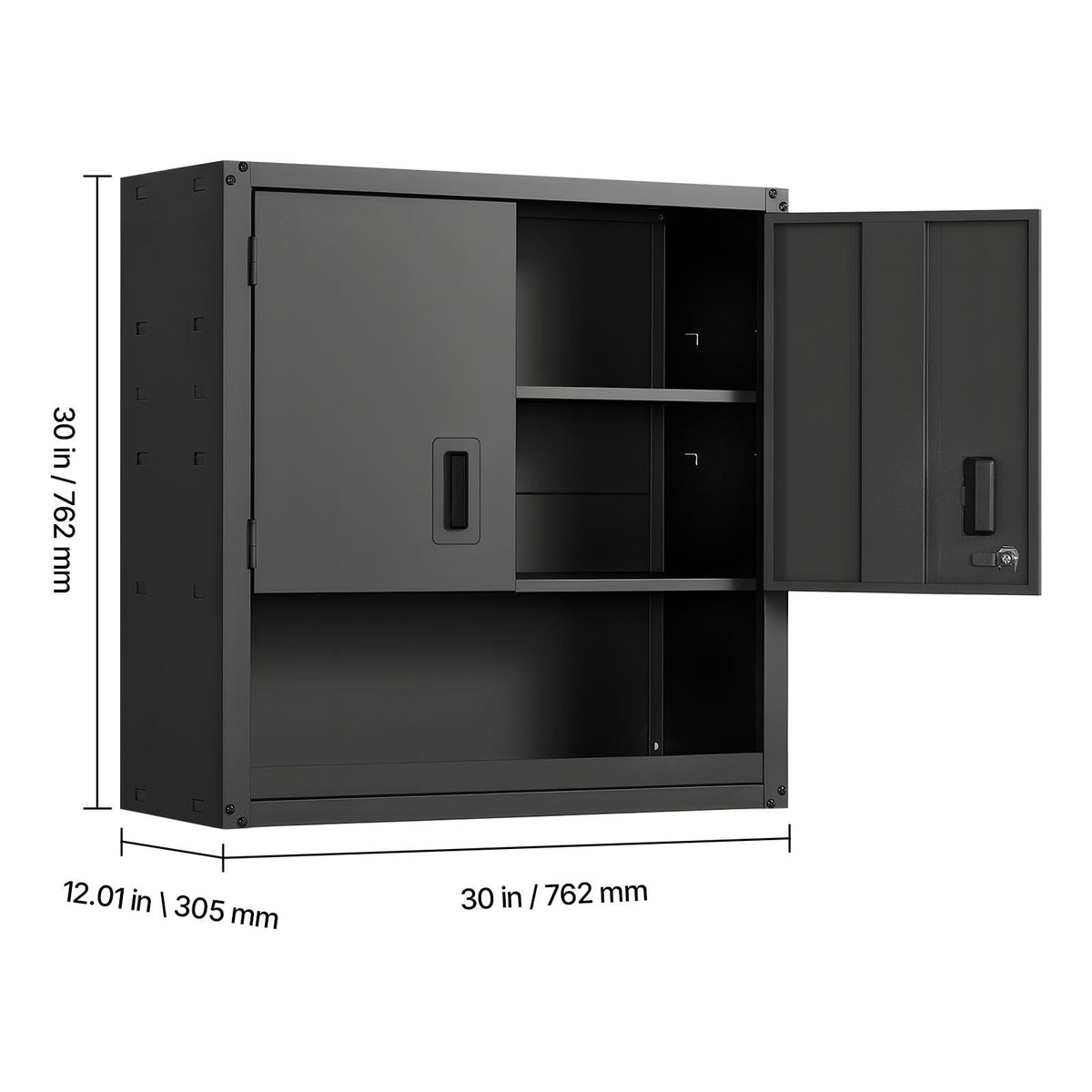 Metal Wall Cabinet, 30W x 12.01D x 30H Inch, Steel Floating Hanging Storage Cabinet with Locking Doors and Adjustable Shelf for Garage, Basement, Kitchen, Warehouse Assembly Required, Black