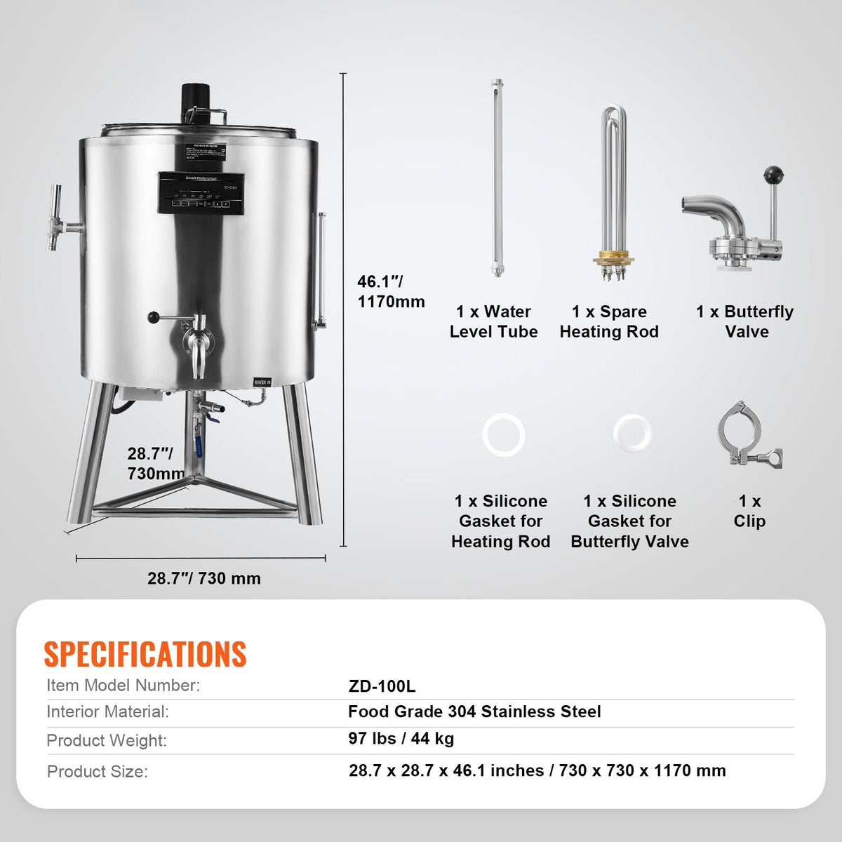 Milk Pasteurizer 100L, Commercial Milk Pasteurization Machine, Food Grade 304 Stainless Steel, Professional Pasteurization with Time and Temperature Control, for Milk Juice Yogurt Sterilization