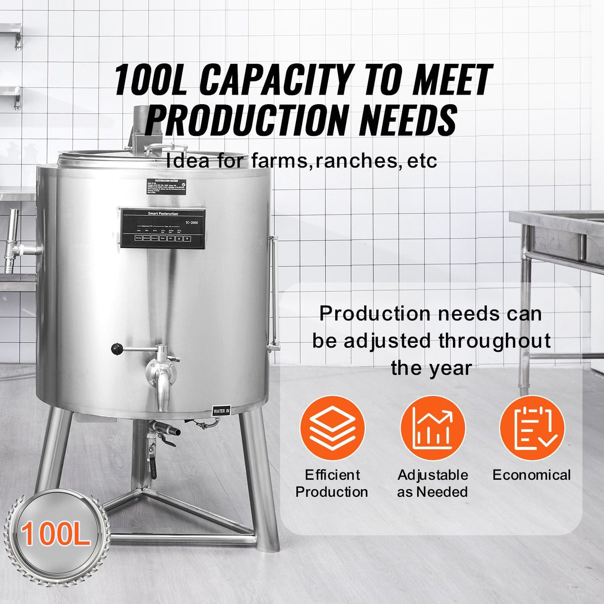 Milk Pasteurizer 100L, Commercial Milk Pasteurization Machine, Food Grade 304 Stainless Steel, Professional Pasteurization with Time and Temperature Control, for Milk Juice Yogurt Sterilization