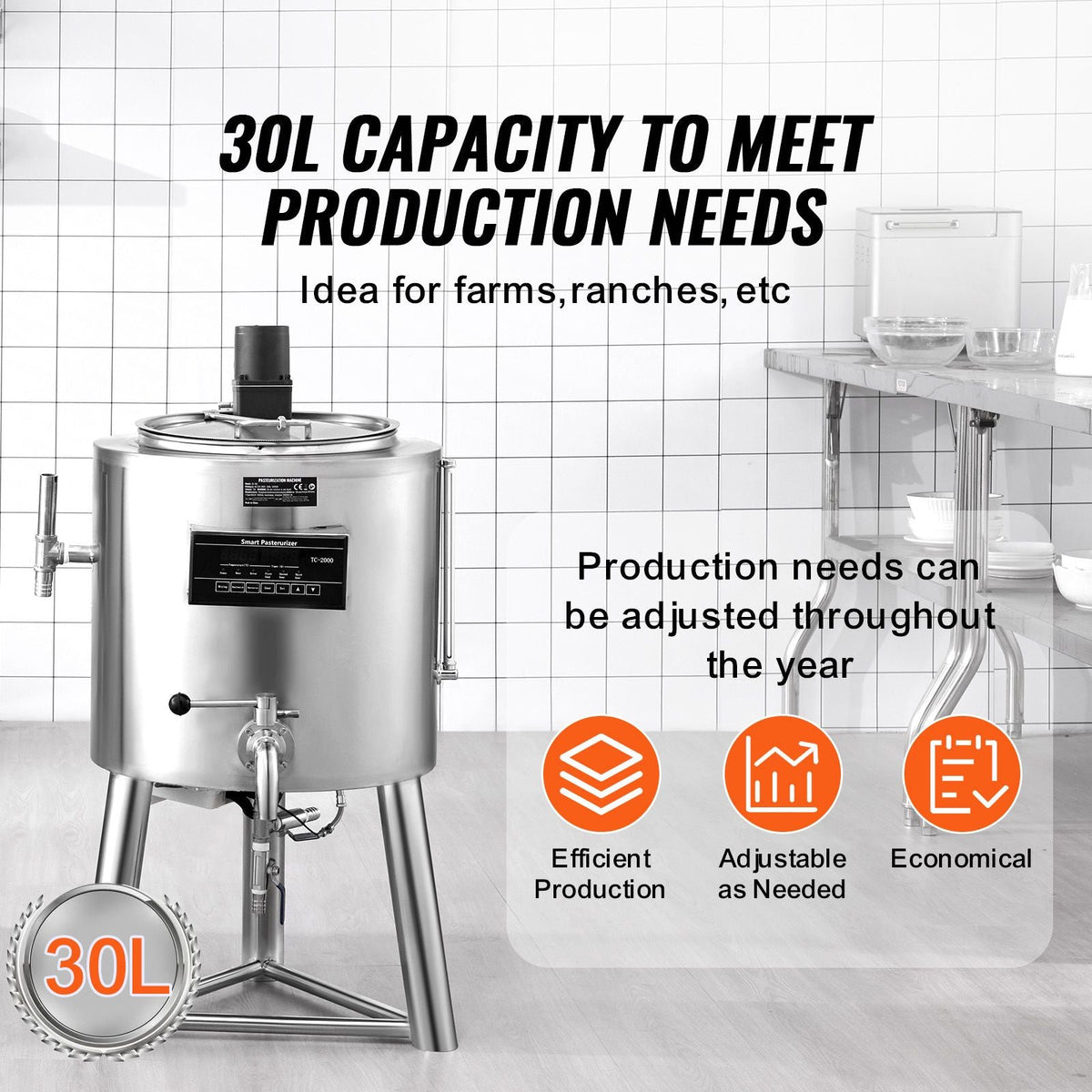 Milk Pasteurizer 30L, Commercial Milk Pasteurization Machine, Food Grade 304 Stainless Steel, Professional Pasteurization with Time and Temperature Control, for Milk Juice Yogurt Sterilization