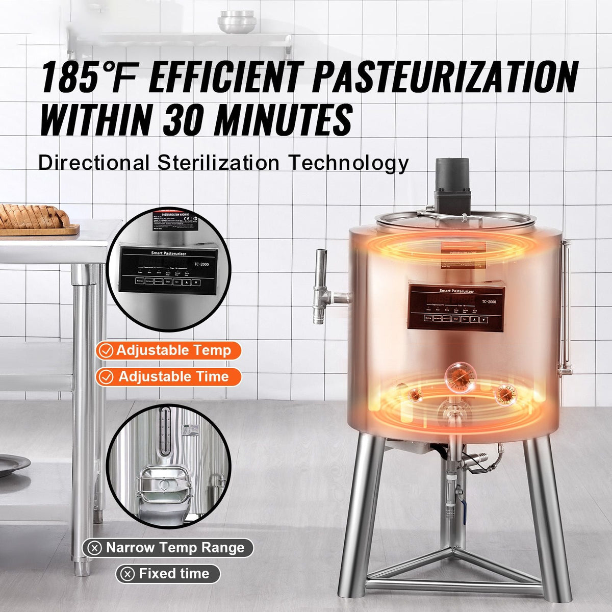 Milk Pasteurizer 30L, Commercial Milk Pasteurization Machine, Food Grade 304 Stainless Steel, Professional Pasteurization with Time and Temperature Control, for Milk Juice Yogurt Sterilization