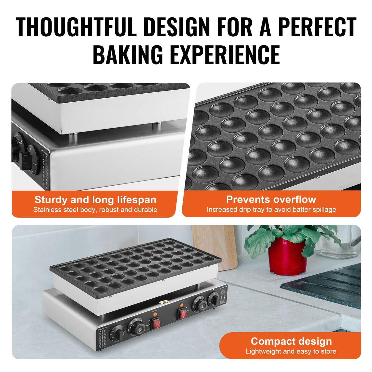 Mini Dutch Pancake Maker, 50PCS 43mm Diameter Dorayaki Baker Machine, 1700W Commercial Electric Poffertjes Grill, Non-stick Stainless Steel, Dual Temp & Time Control, for Home Kitchen Restaurant