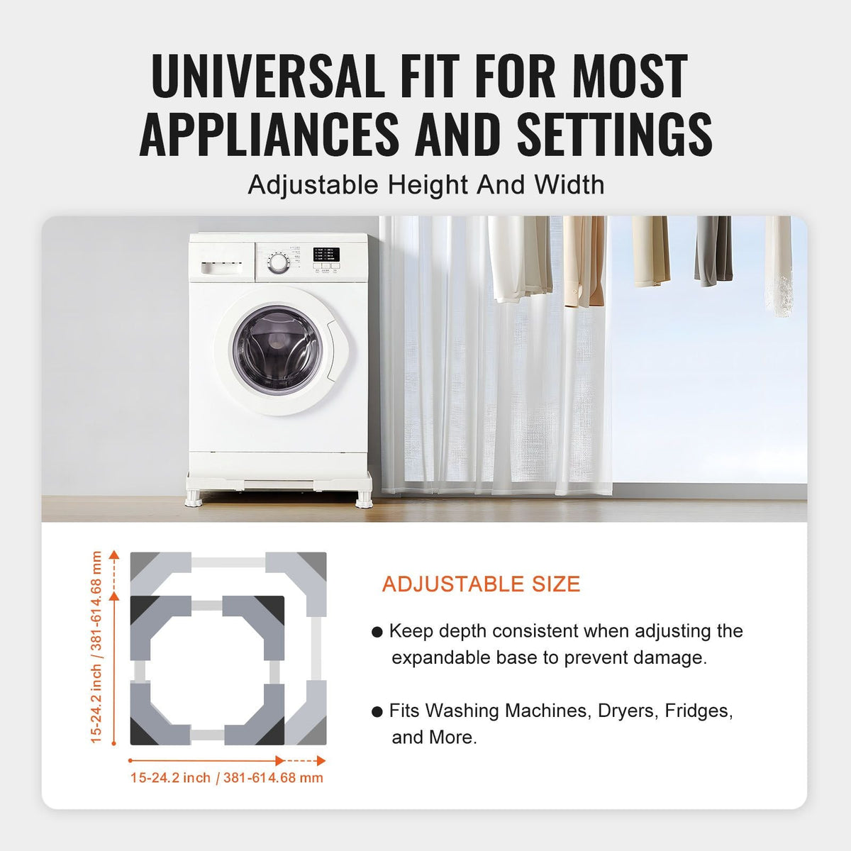 Mini Fridge Stand Universal Laundry Pedestal, Adjustable with 4 Strong Feet, Washing Machine Base Multi-Functional for Washer And Dryer, 15"-24.2"W Expandable