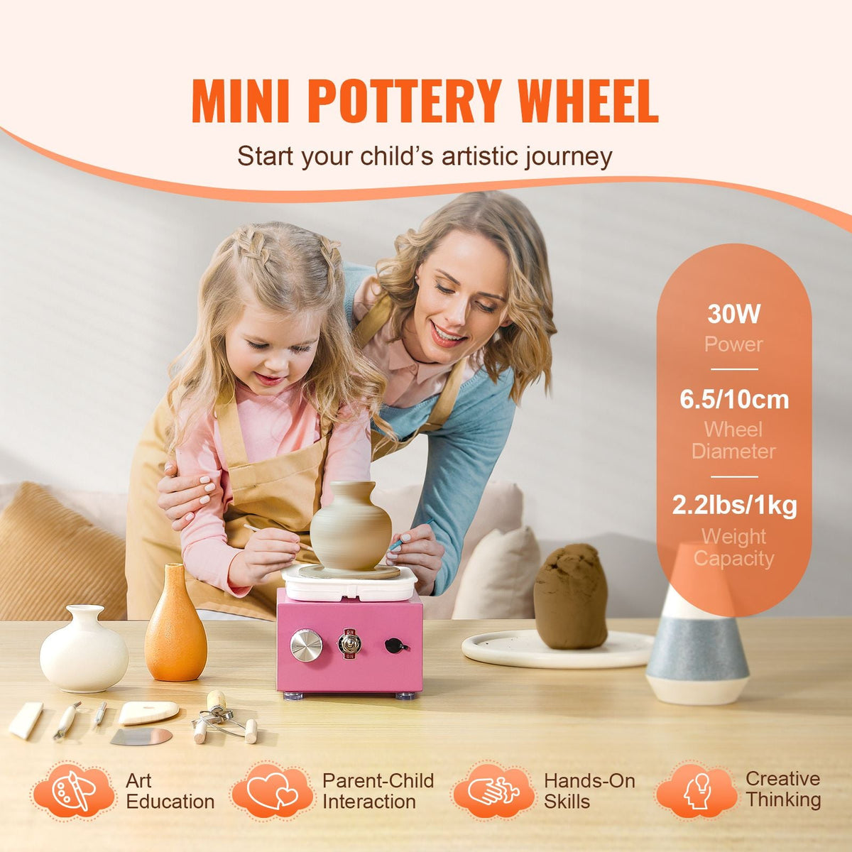 Mini Pottery Wheel, 0-320RPM Adjustable Speed Detachable Basin Forming Machine, 2.56in/3.94in 2 Turntables Electric Ceramic Wheel Machine, 18pcs Accessories, for Art Craft Work Home DIY, Pink