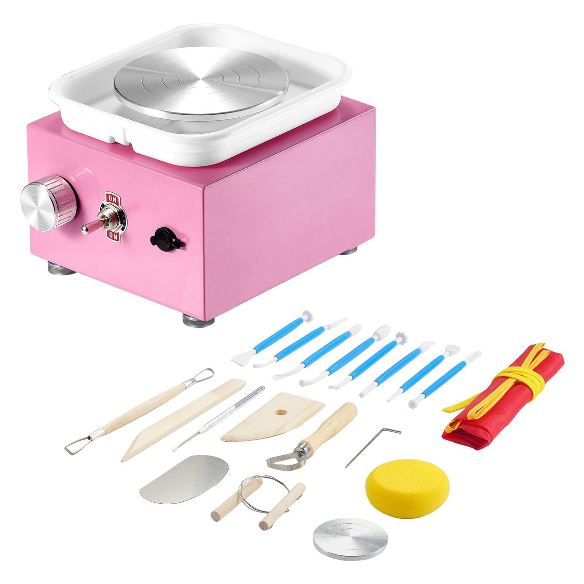 Mini Pottery Wheel, 0-320RPM Adjustable Speed Detachable Basin Forming Machine, 2.56in/3.94in 2 Turntables Electric Ceramic Wheel Machine, 18pcs Accessories, for Art Craft Work Home DIY, Pink