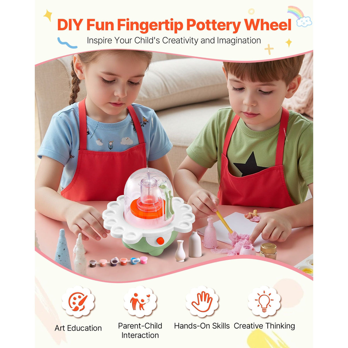 Mini Pottery Wheel, 2 in and 3 in Turntables, Adjustable Speed, Electric Clay Wheel for Kids and Beginners, Complete Pottery Set with Clay Sculpting Tools, Gift for Boys and Girls, Green