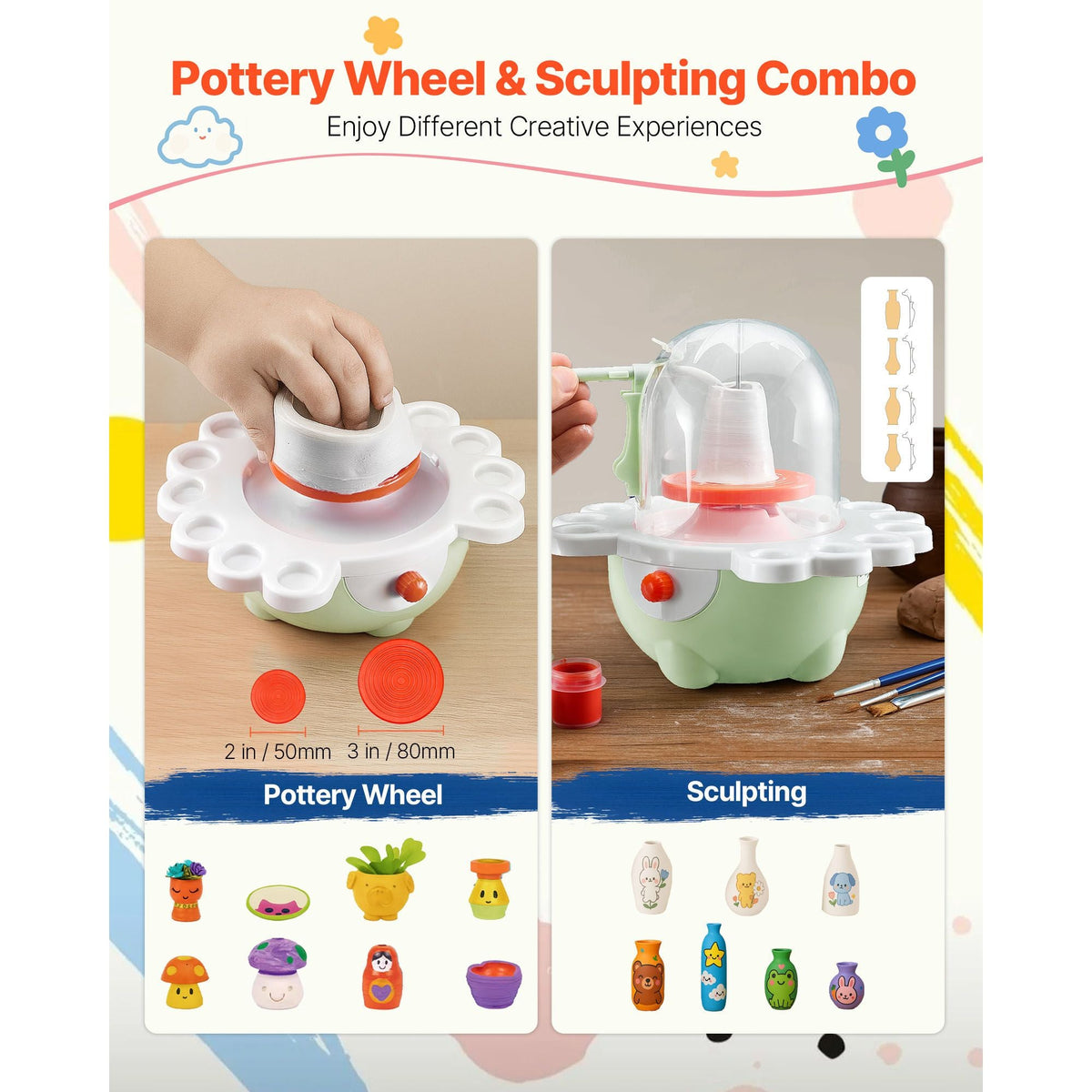 Mini Pottery Wheel, 2 in and 3 in Turntables, Adjustable Speed, Electric Clay Wheel for Kids and Beginners, Complete Pottery Set with Clay Sculpting Tools, Gift for Boys and Girls, Green