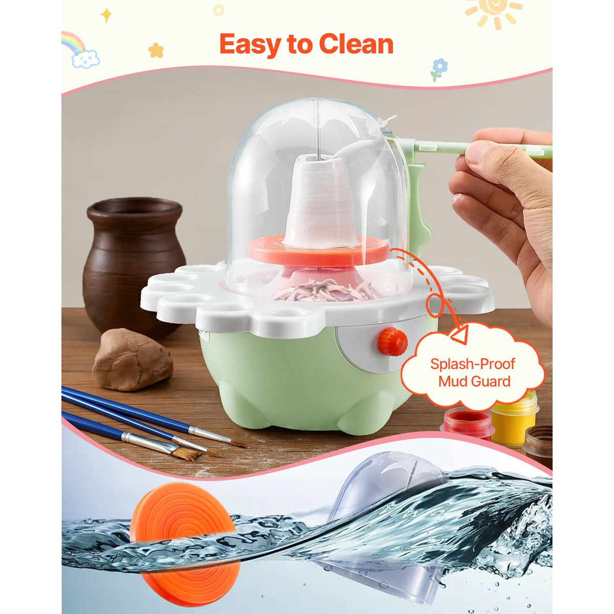 Mini Pottery Wheel, 2 in and 3 in Turntables, Adjustable Speed, Electric Clay Wheel for Kids and Beginners, Complete Pottery Set with Clay Sculpting Tools, Gift for Boys and Girls, Green