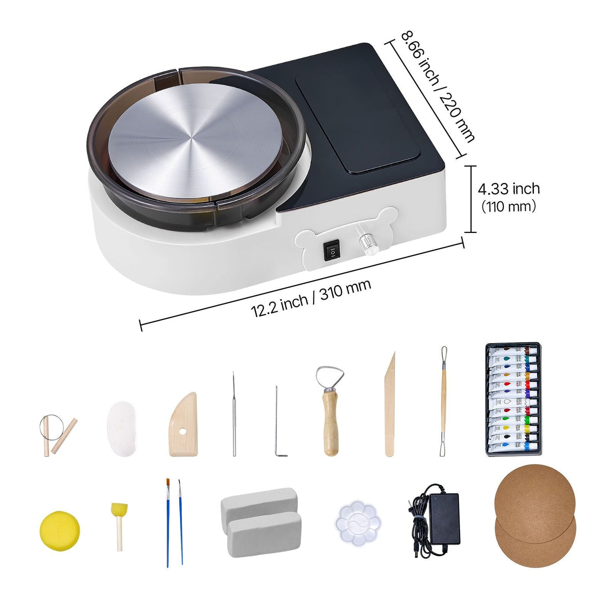 Mini Pottery Wheel, 6 inch Turntable, Forward and Reverse Rotation, Adjustable Speed, Electric Clay Wheel for Kids and Adults, with Clay Shaping Tools, for Home DIY, Pottery Classes, White