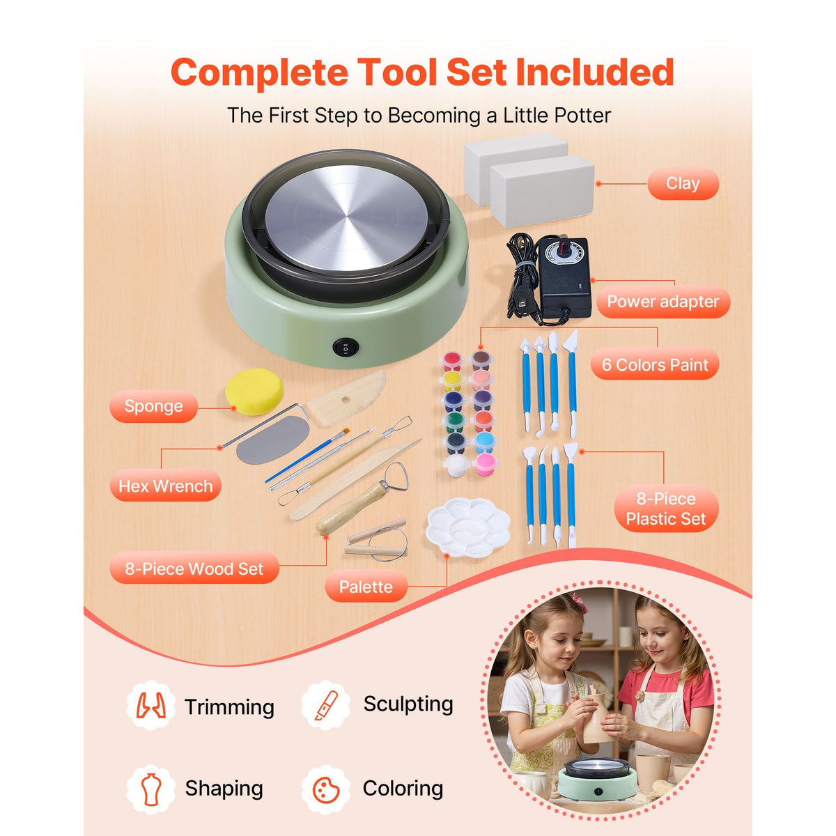 Mini Pottery Wheel, 6 inch Turntable, Forward and Reverse Rotation, Adjustable Speed, Electric Clay Wheel for Kids and Beginners, with Shaping Tools, for Home DIY, Pottery Classes, Green