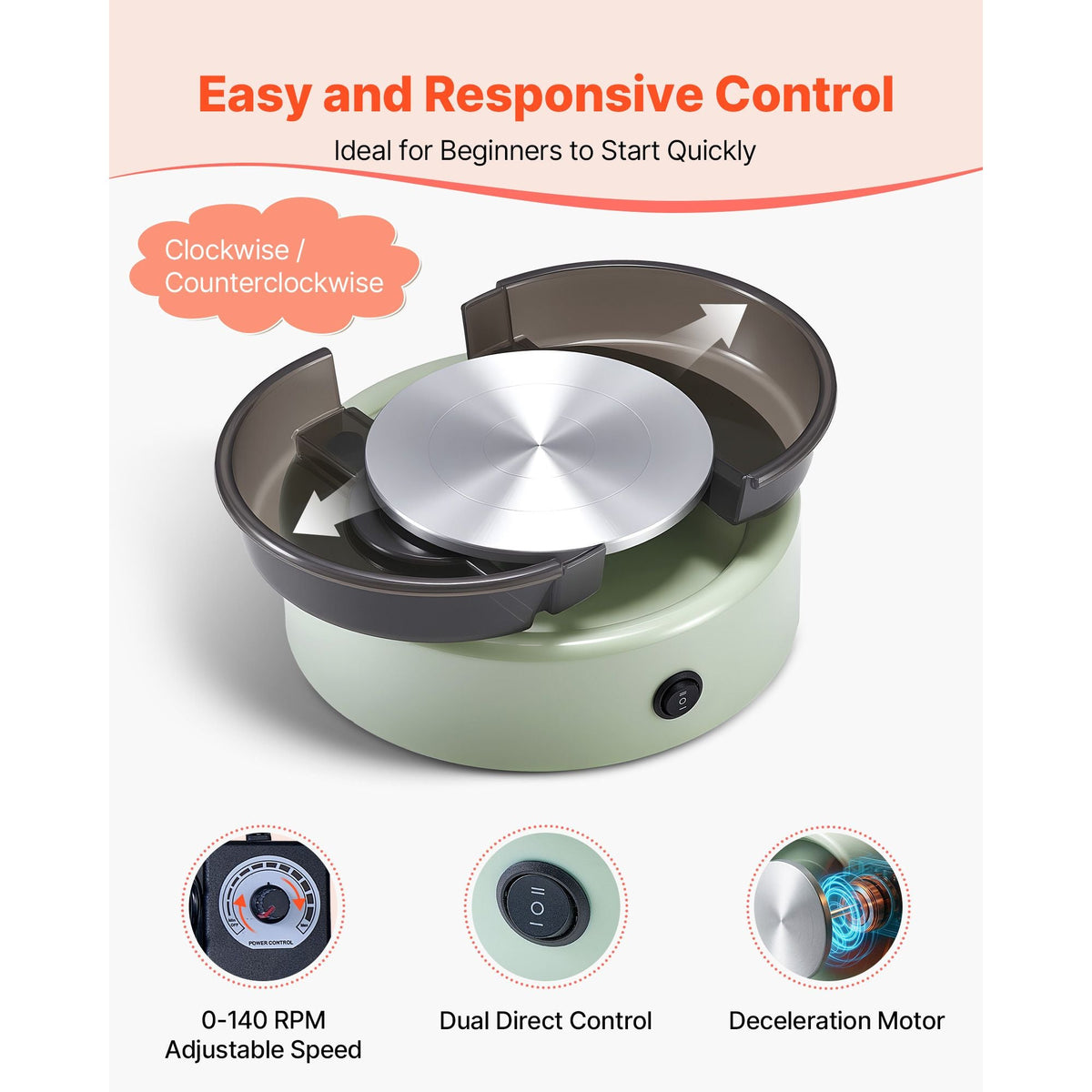 Mini Pottery Wheel, 6 inch Turntable, Forward and Reverse Rotation, Adjustable Speed, Electric Clay Wheel for Kids and Beginners, with Shaping Tools, for Home DIY, Pottery Classes, Green
