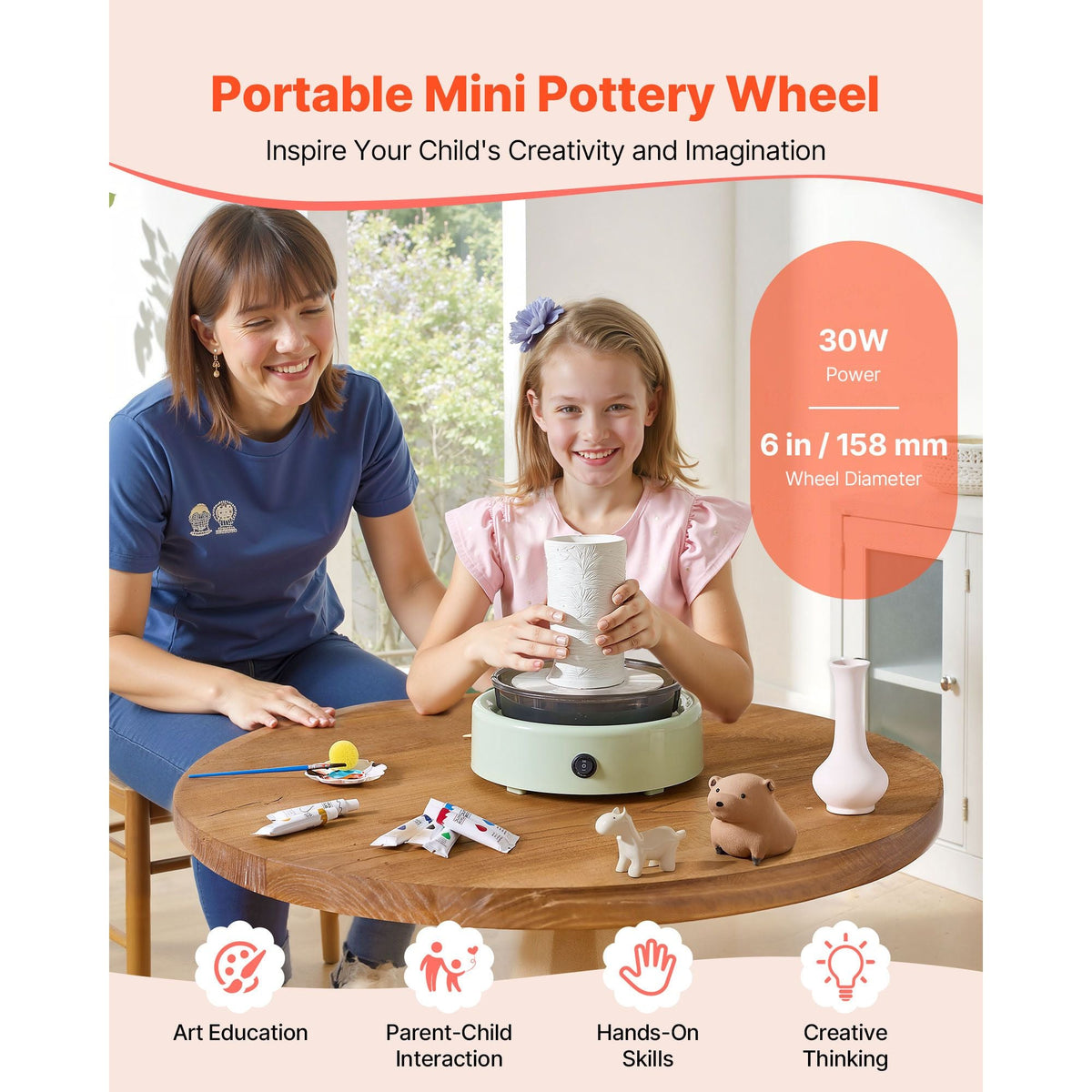 Mini Pottery Wheel, 6 inch Turntable, Forward and Reverse Rotation, Adjustable Speed, Electric Clay Wheel for Kids and Beginners, with Shaping Tools, for Home DIY, Pottery Classes, Green