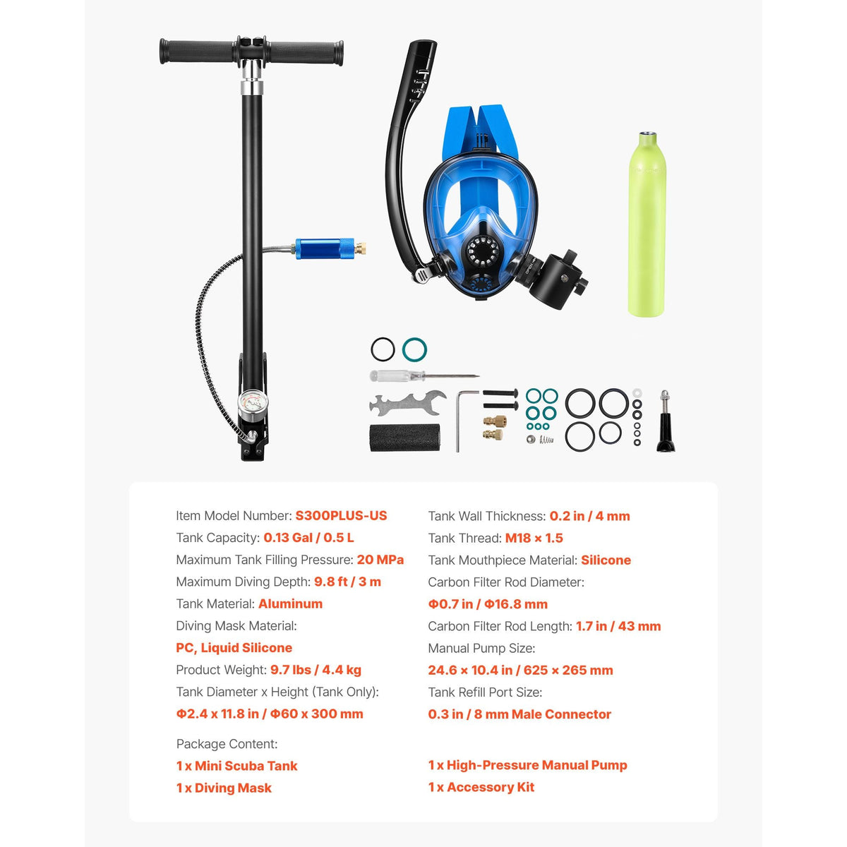 Mini Scuba Tank with Sub-Mask, 0.5L Portable Diving Tank for Underwater Breathing, Reusable Lung Diving Cylinder up to 10 Minutes Dive Time, Emergency Rescue Pony Bottle with Pump for Snorkeling