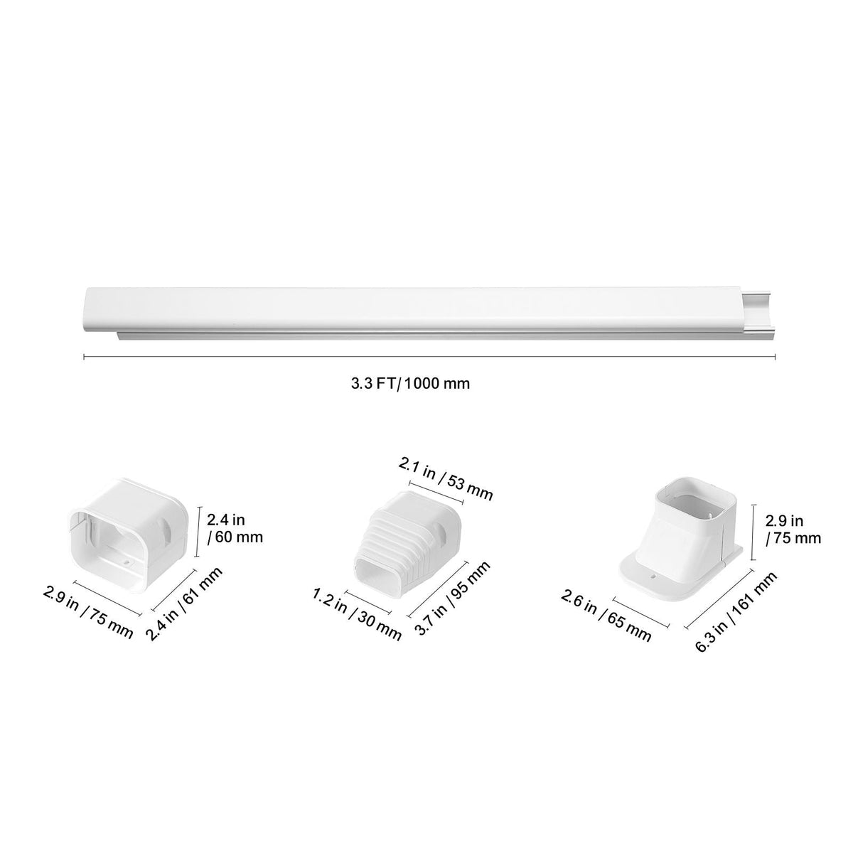 Mini Split Line Set Cover 3-inch W 7.4Ft L, PVC Decorative Pipe Line Cover For Air Conditioner with 2 Straight Ducts & Full Components Easy to Install, Paintable for Heat Pumps, White