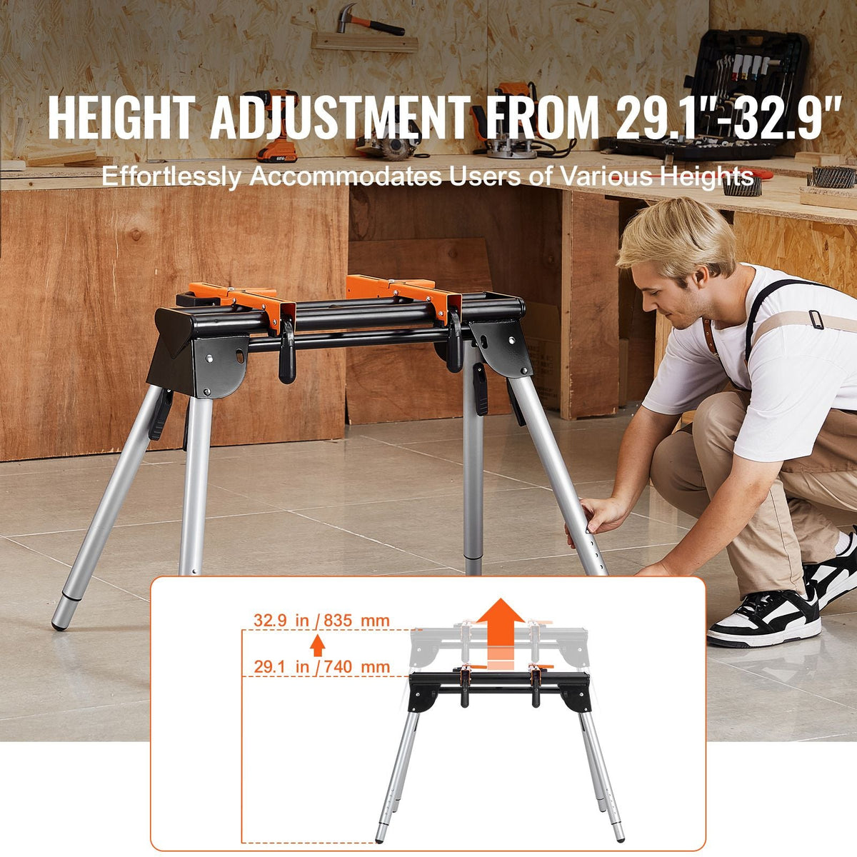 Miter Saw Stand, 330lbs Load Capacity Steel Collapsible Stand for Miter Saw with One-piece Mounting Brackets Clamps, 29.1"-32.9" Adjustable Height, Portable Compact and Folding Miter Saw Stand