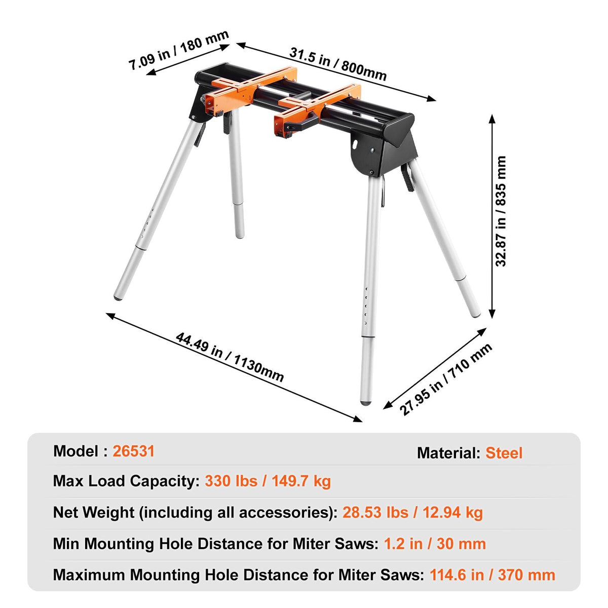 Miter Saw Stand, 330lbs Load Capacity Steel Collapsible Stand for Miter Saw with One-piece Mounting Brackets Clamps, 29.1"-32.9" Adjustable Height, Portable Compact and Folding Miter Saw Stand
