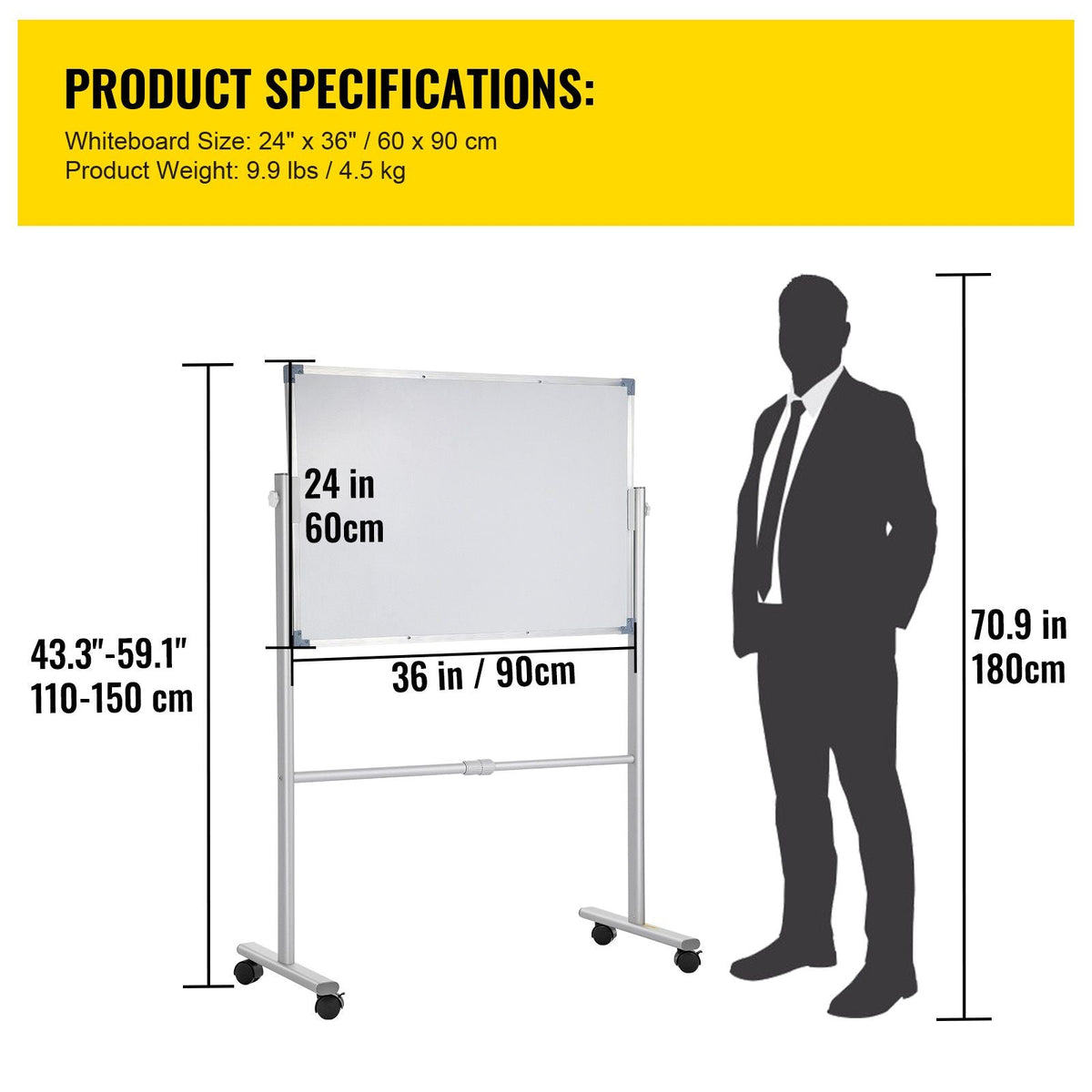 Mobile Magnetic Whiteboard, 36 x 24 Inch, Double Sided, 360 Degree Reversible Rolling Dry Erase Board, Height Adjustable with Aluminum Frame and Lockable Swivel Wheels, for Office School Home