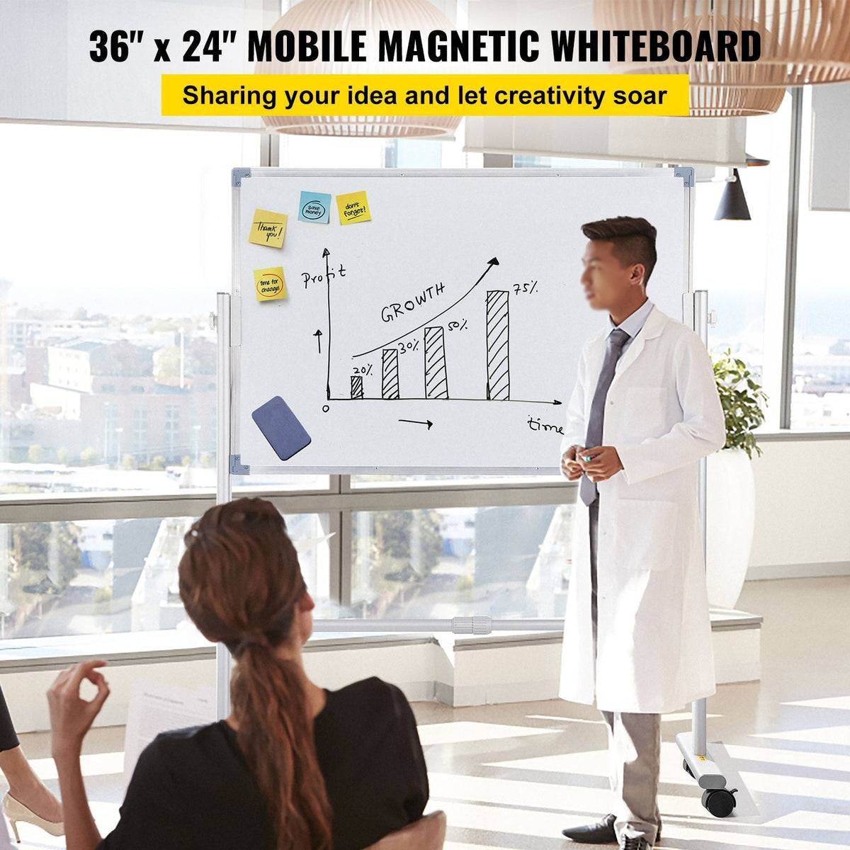 Mobile Magnetic Whiteboard, 36 x 24 Inch, Double Sided, 360 Degree Reversible Rolling Dry Erase Board, Height Adjustable with Aluminum Frame and Lockable Swivel Wheels, for Office School Home