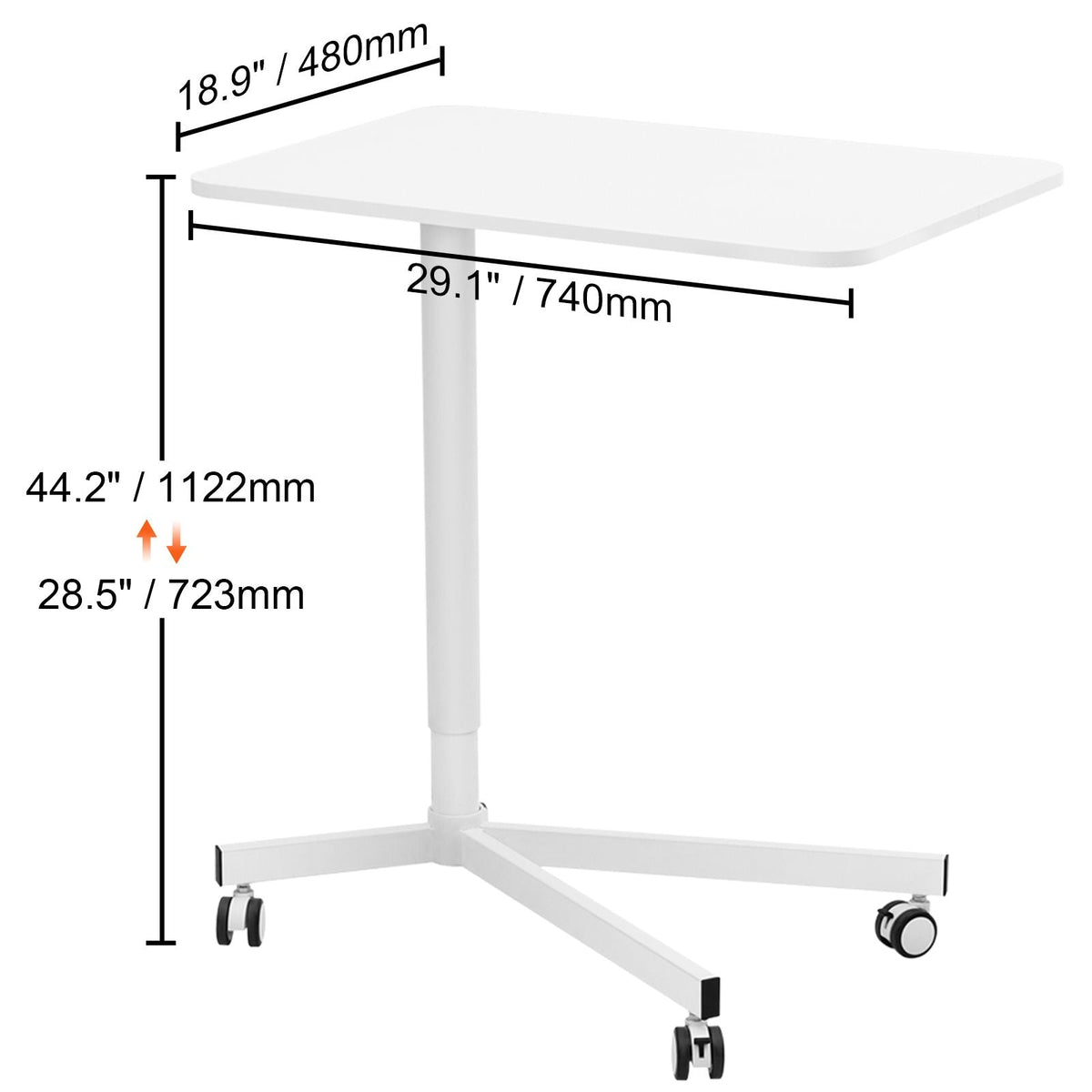 Mobile Standing Desk, 28.5"-44.2" Gas-Spring Height Adjustable Sit-Stand Desk, 360° Swivel Wheels (2 Lockable) Portable Rolling Laptop Table Computer Cart for Home Office School, 44LBS Loading