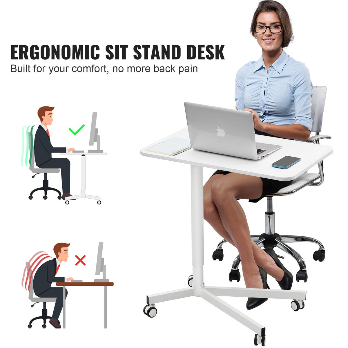 Mobile Standing Desk, 28.5"-44.2" Gas-Spring Height Adjustable Sit-Stand Desk, 360° Swivel Wheels (2 Lockable) Portable Rolling Laptop Table Computer Cart for Home Office School, 44LBS Loading
