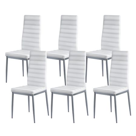 Modern Dining Room Accent Chairs Set of 6, Upholstered Leather Side Chair for Dining Tables, Space-Saving Kitchen Table Chair with Thick Cushions and Metal Legs, White
