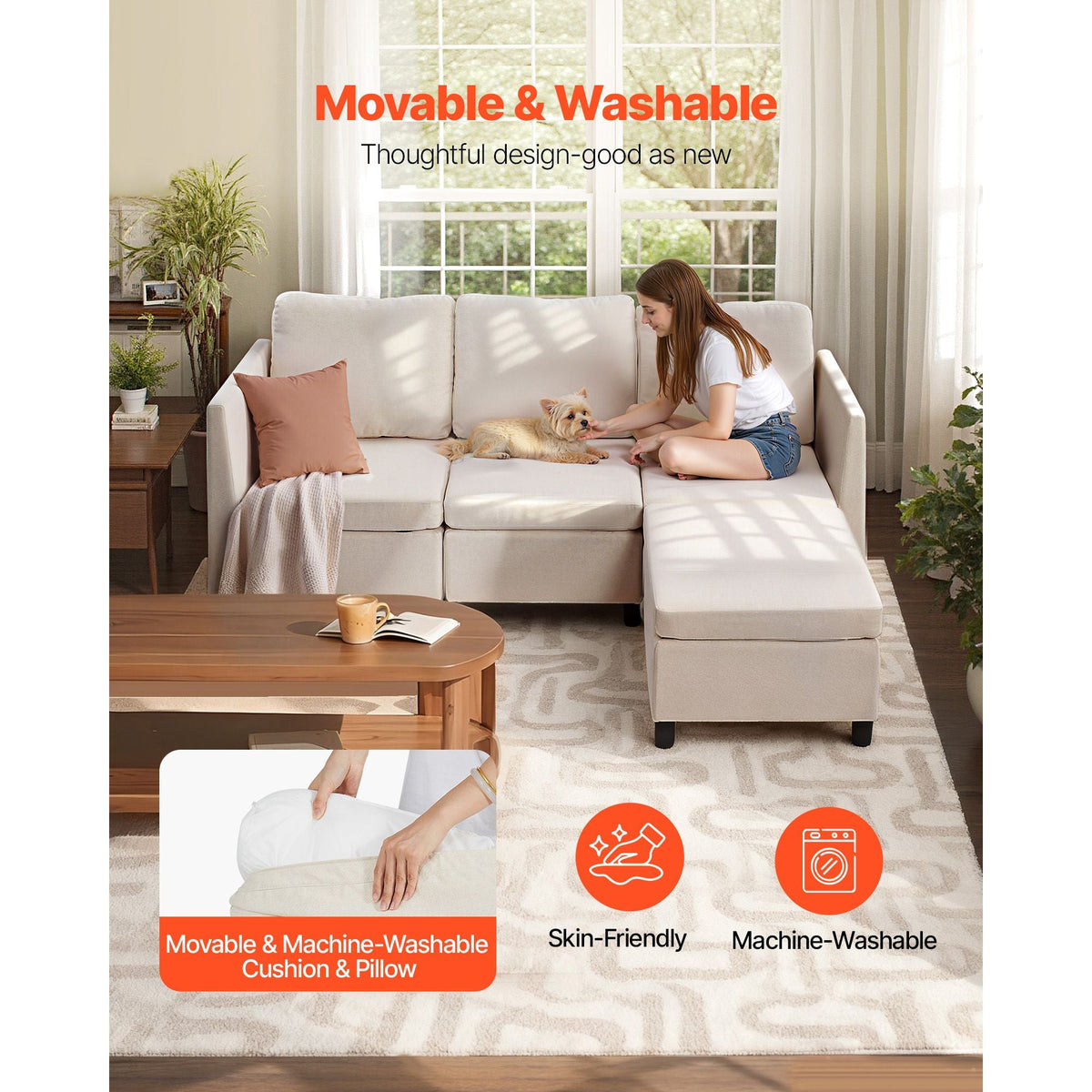 Modular Sectional Sofa, 3-Seater Modular Sofa with Hidden Storage, Cloud Sectional Couch with Ottoman & High Rebound Sponge, Solid Wood Frame Upholstered Couch for Living Room, Bedroom, Beige