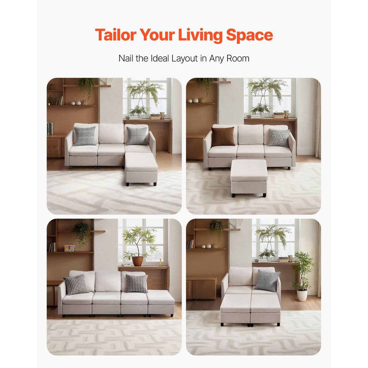 Modular Sectional Sofa, 3-Seater Modular Sofa with Hidden Storage, Cloud Sectional Couch with Ottoman & High Rebound Sponge, Solid Wood Frame Upholstered Couch for Living Room, Bedroom, Beige