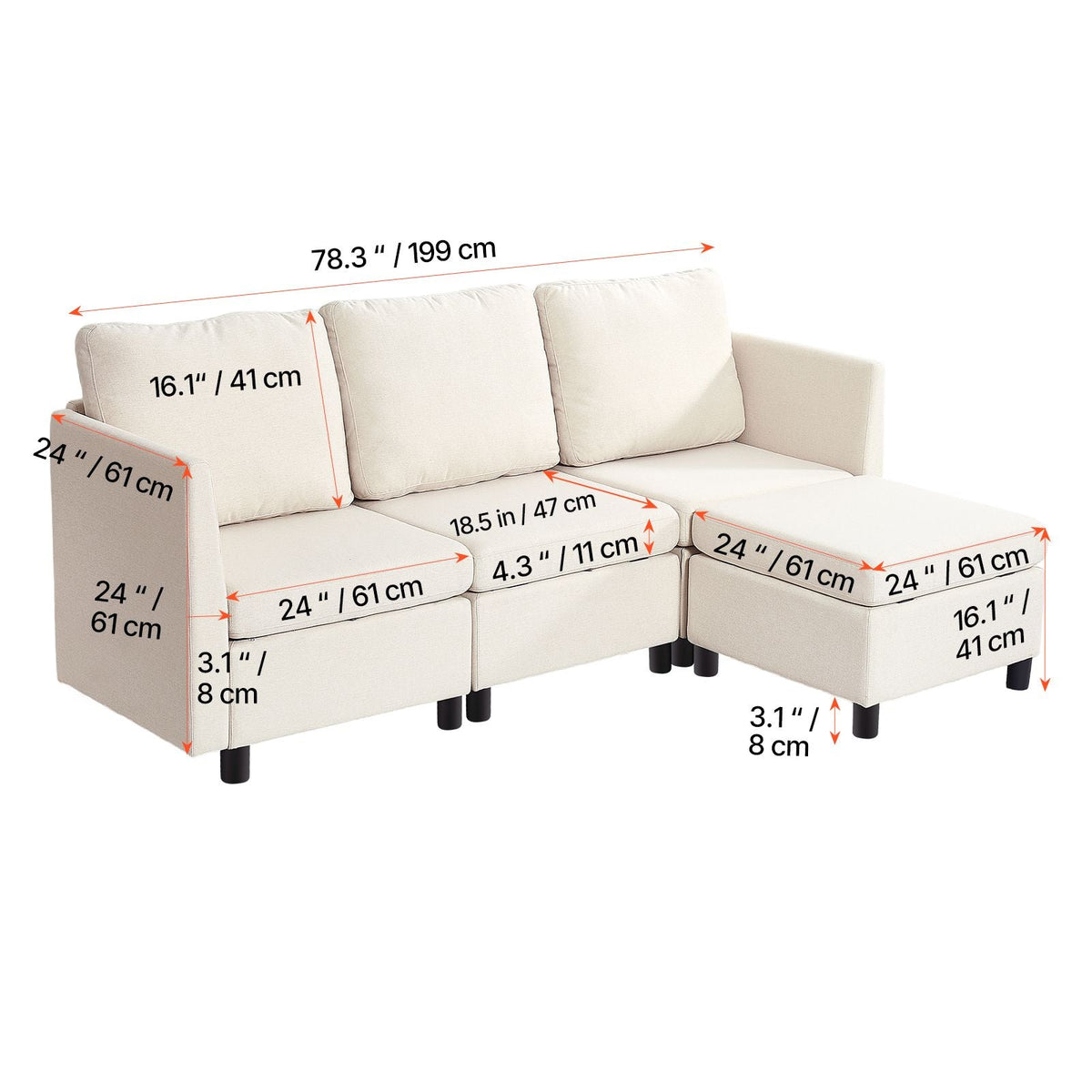 Modular Sectional Sofa, 3-Seater Modular Sofa with Hidden Storage, Cloud Sectional Couch with Ottoman & High Rebound Sponge, Solid Wood Frame Upholstered Couch for Living Room, Bedroom, Beige