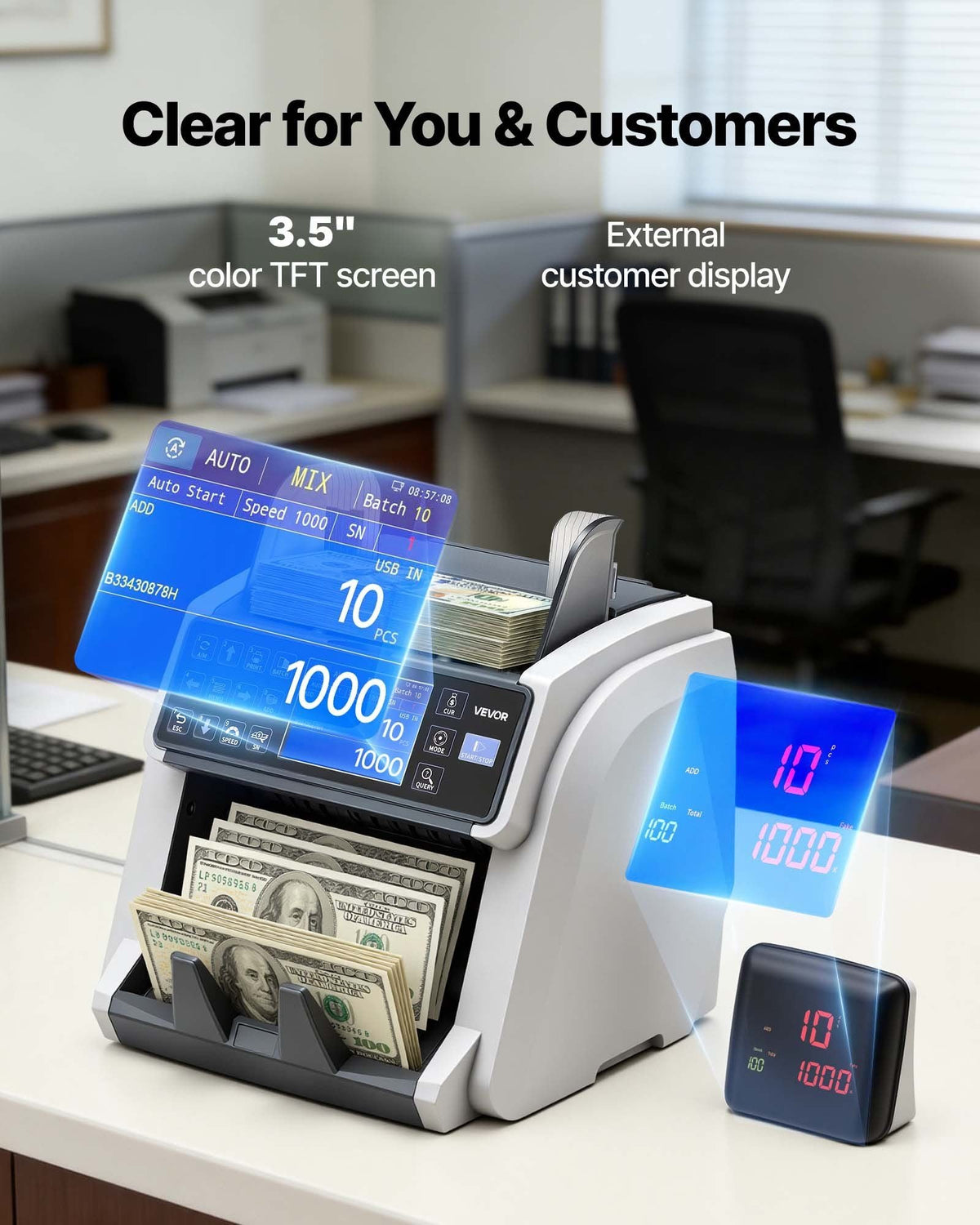 Money Counter Machine, Mixed Denomination Bill Cash Counter with CIS/UV/MG/IR/DD/DBL/HLF/CHN Counterfeit Detection, Multi-Currency Support, Money Counting Machine with External Display