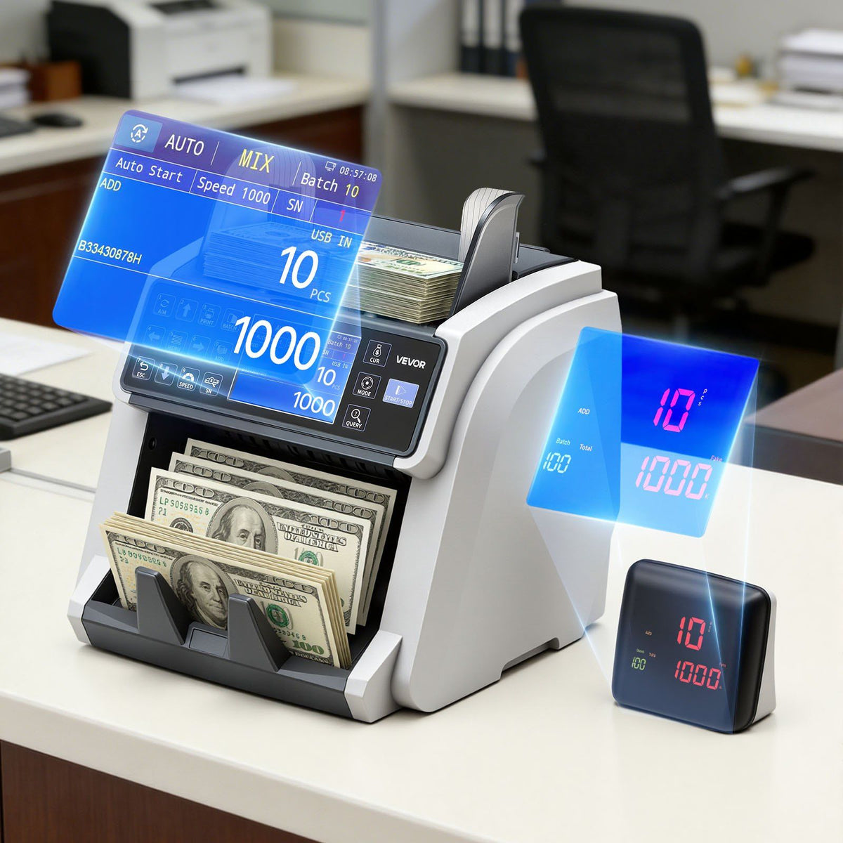 Money Counter Machine, Mixed Denomination Bill Cash Counter with CIS/UV/MG/IR/DD/DBL/HLF/CHN Counterfeit Detection, Multi-Currency Support, Money Counting Machine with External Display
