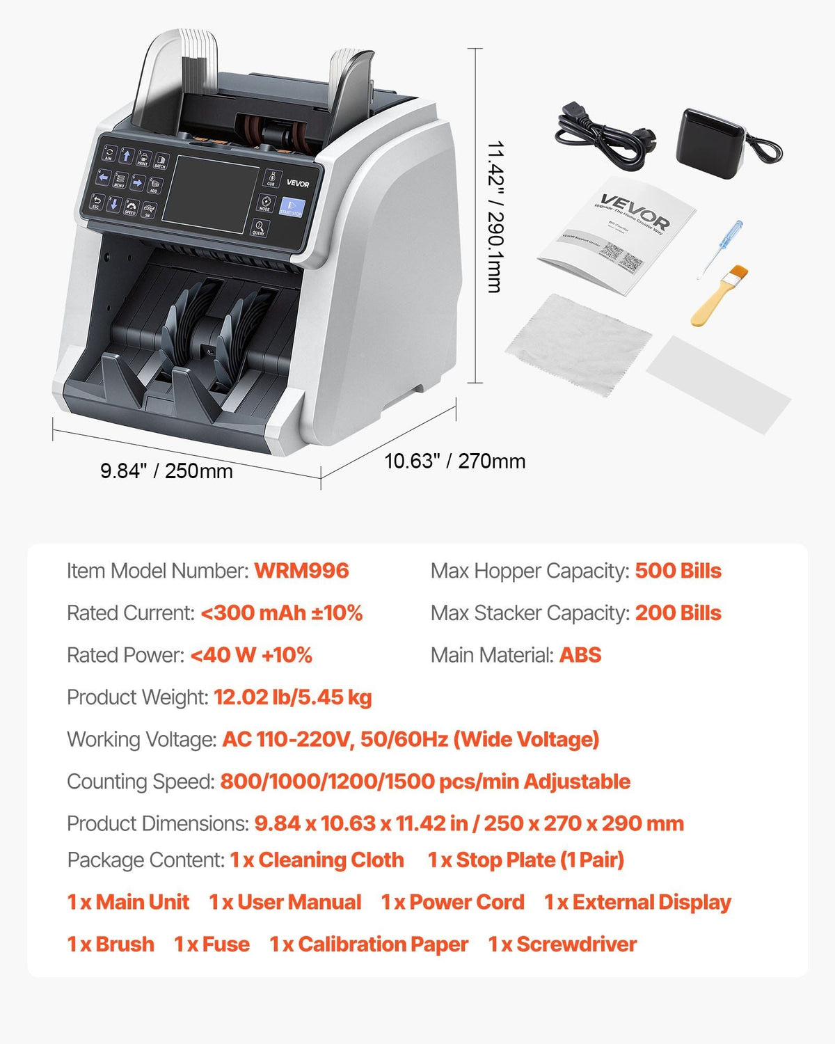 Money Counter Machine, Mixed Denomination Bill Cash Counter with CIS/UV/MG/IR/DD/DBL/HLF/CHN Counterfeit Detection, Multi-Currency Support, Money Counting Machine with External Display
