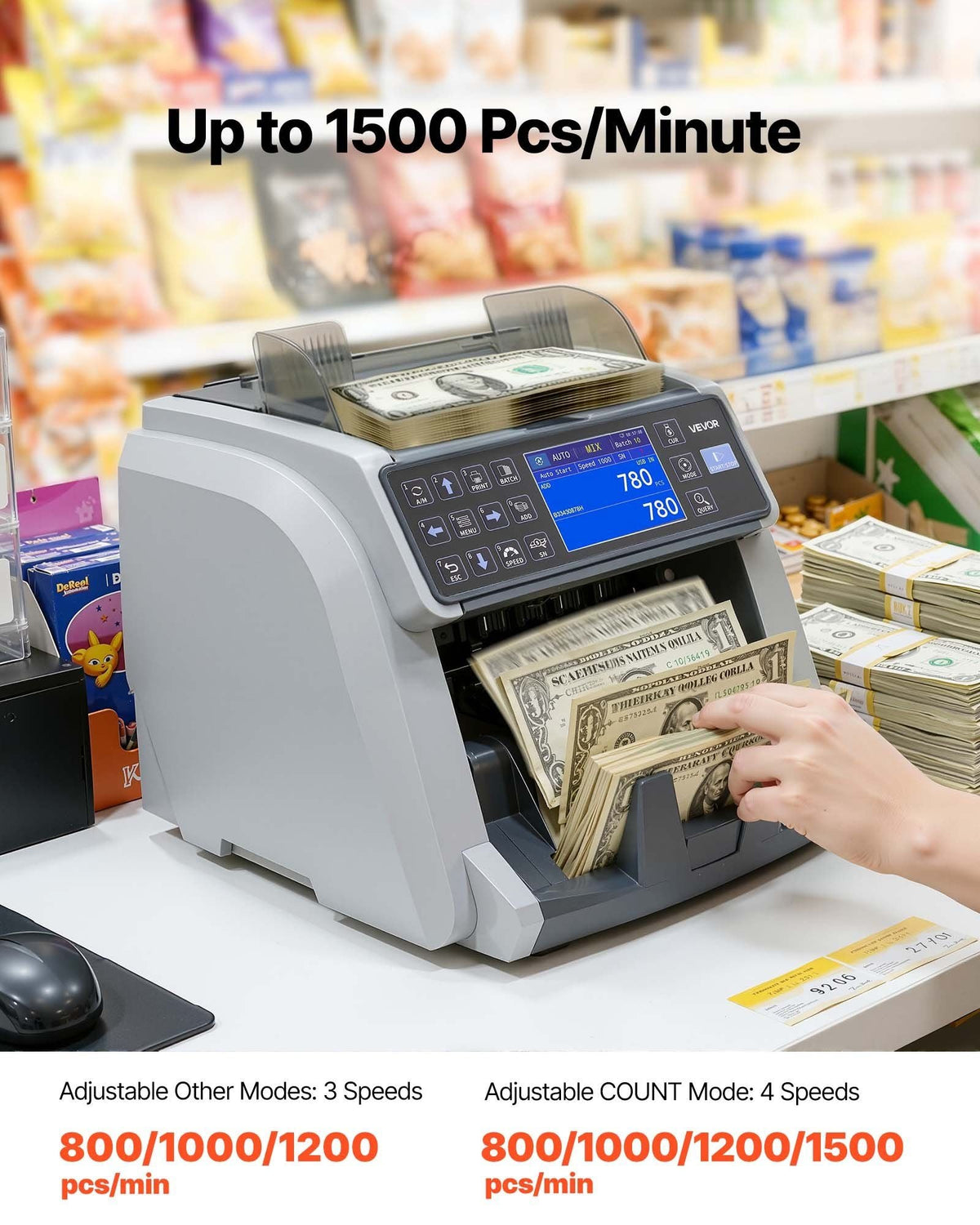 Money Counter Machine, Mixed Denomination Bill Cash Counter with CIS/UV/MG/IR/DD/DBL/HLF/CHN Counterfeit Detection, Multi-Currency Support, Money Counting Machine with External Display