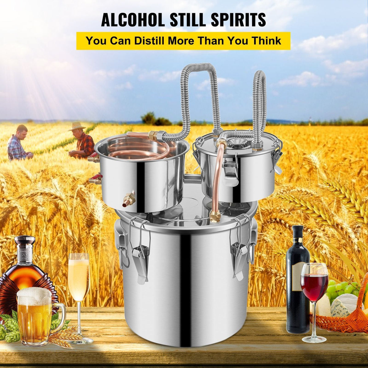 Moonshine Still Distiller 3Gal 12L Stainless Steel Water Distiller Copper Tube with Circulating Pump Home Brewing Kit Build-in Thermometer for DIY Whisky Wine Brandy Spirits