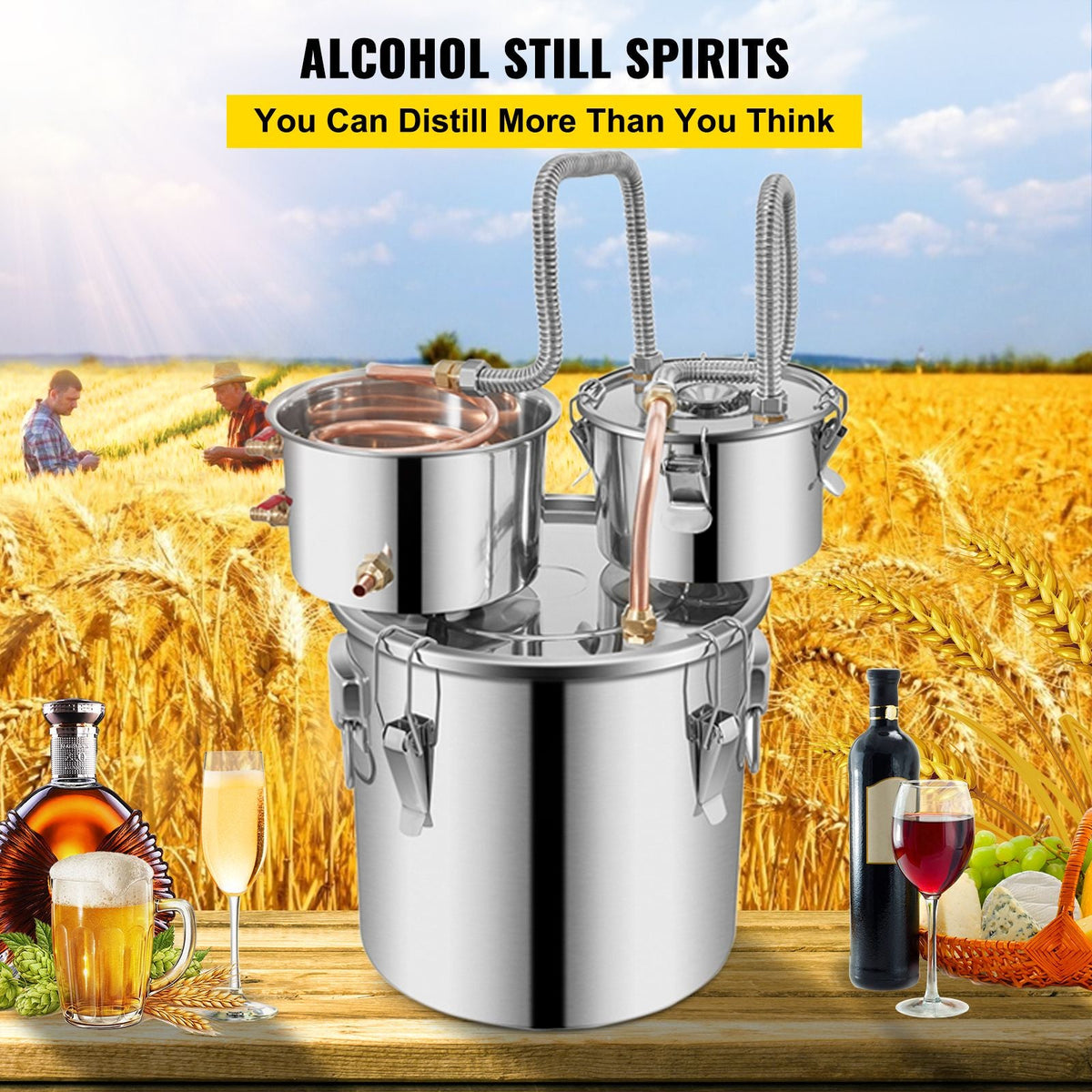 Moonshine Still Stainless Steel Water Alcohol Distiller Copper Tube With Circulating Pump Home Brewing Kit Build-in Thermometer for DIY Whisky Wine Brandy Spirits