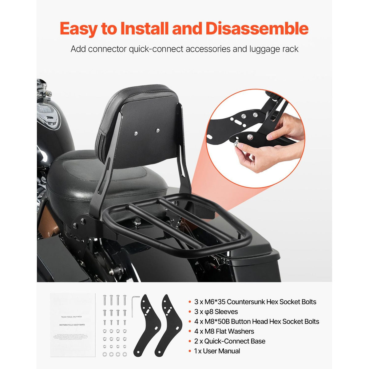 Motorcycle Backrest Sissy Bar with Luggage Rack, Compatible with Honda Rebel CMX 1100 2021-2022, 18-Inch Height, Removable Passenger Backrest, Durable Metal Frame with Leather Pad, Black