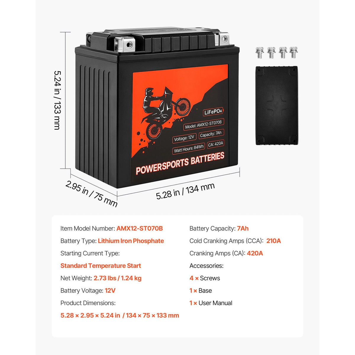 Motorcycle Battery, 12 Volt 7Ah, LiFePO4 Lithium Pre-Charged Powersports Battery, Maintenance Free & High Performance, Compatible with ATV, Motorcycle, Jet Skis, Scooter, UTV, and More