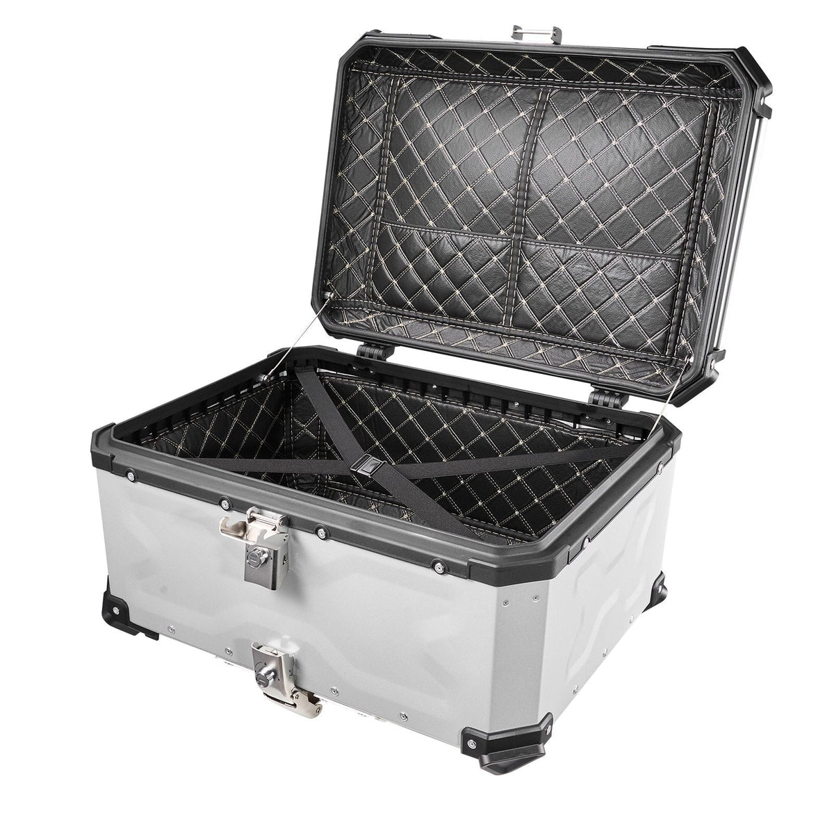 Motorcycle Top Case, 65L Universal Aluminum Hard Motorcycle Tail Case, Waterproof Detachable Motorbike Top Box with Security Lock & Leather Liner for Helmets Storage