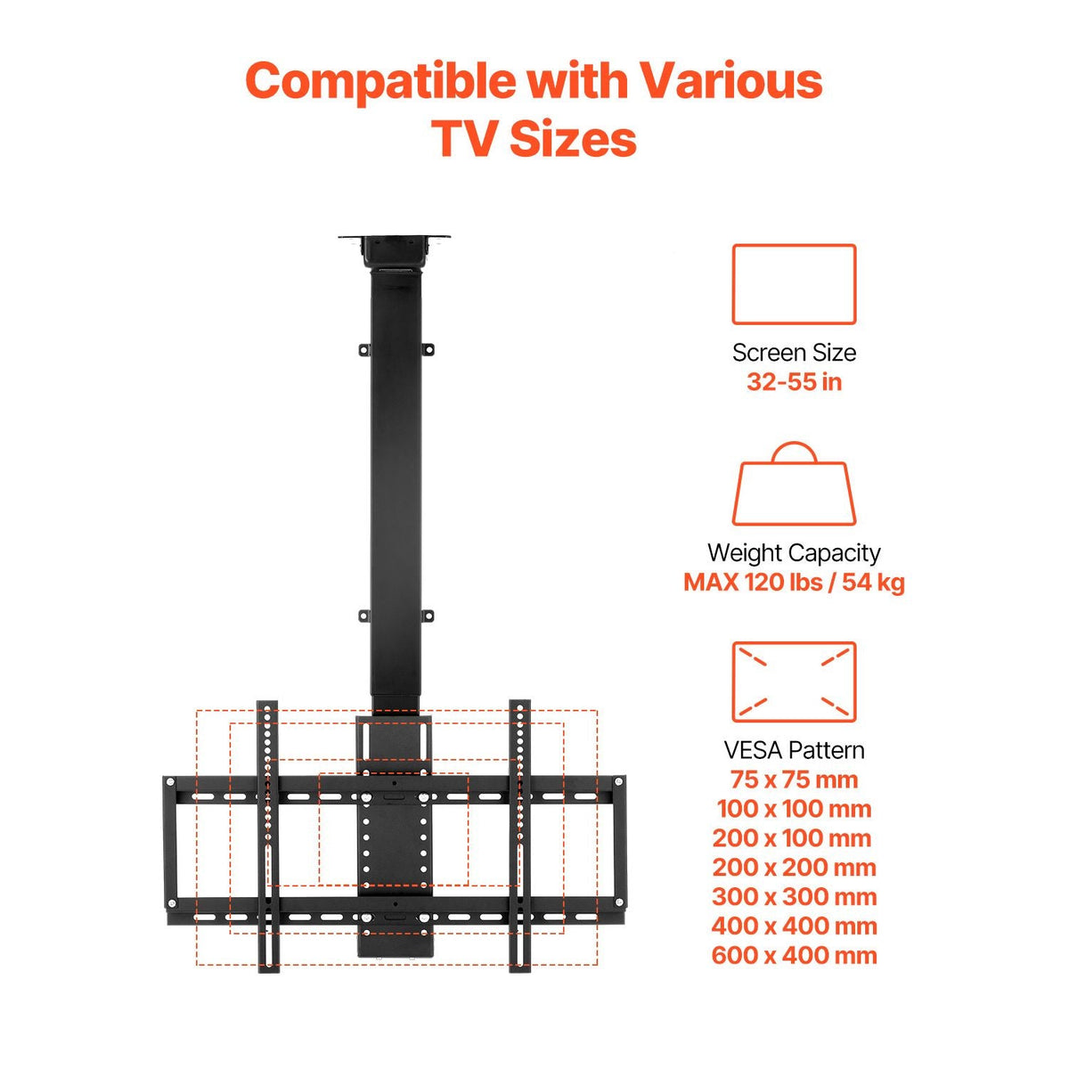 Motorized Ceiling TV Mount, TV Wall Mount for 32 to 55 Inch TV, Electric Adjustable Ceiling TV Mount, Motorized Flip Down TV Mount Bracket with Max VESA 24 x 16 in, Fits TVs Up to 120 lbs