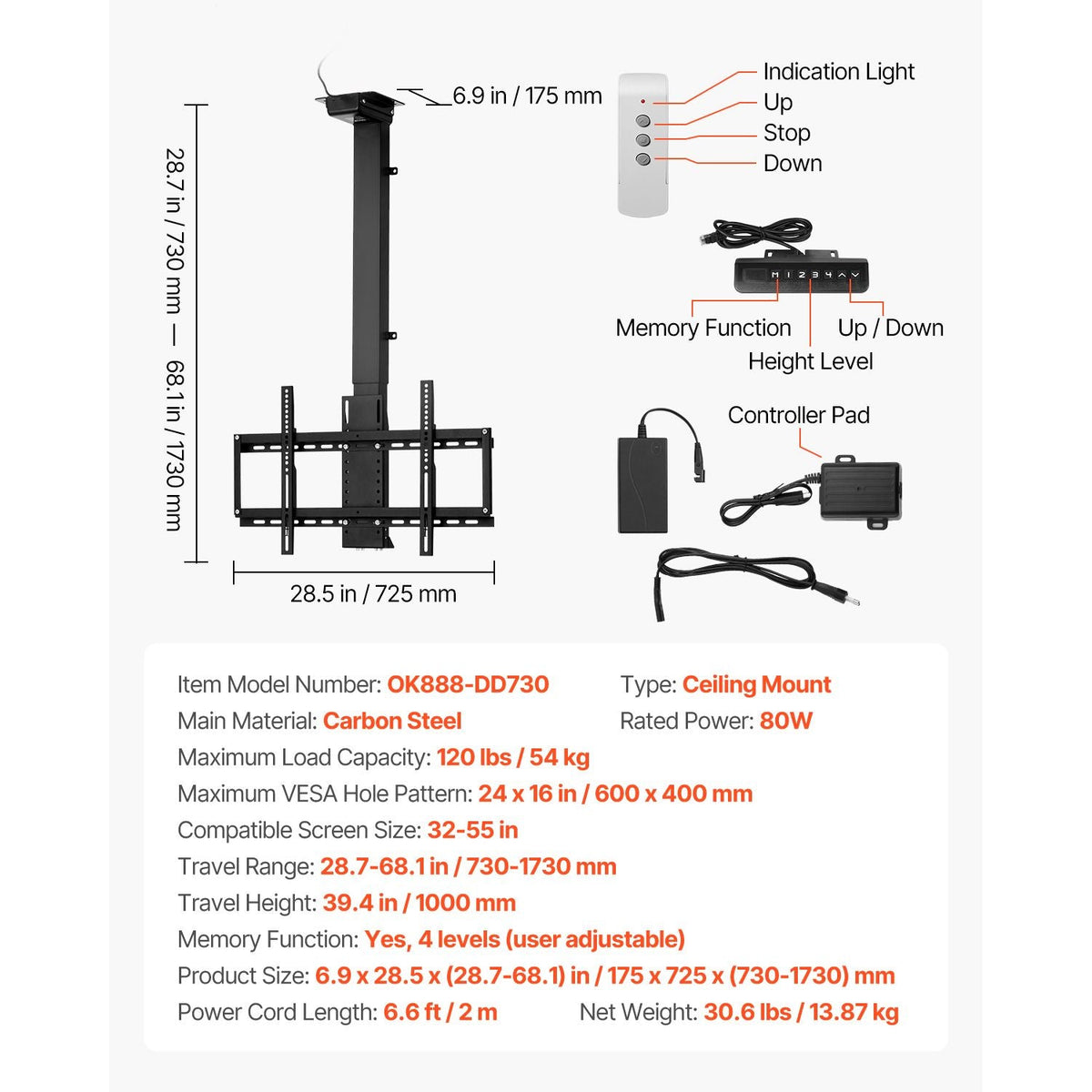 Motorized Ceiling TV Mount, TV Wall Mount for 32 to 55 Inch TV, Electric Adjustable Ceiling TV Mount, Motorized Flip Down TV Mount Bracket with Max VESA 24 x 16 in, Fits TVs Up to 120 lbs